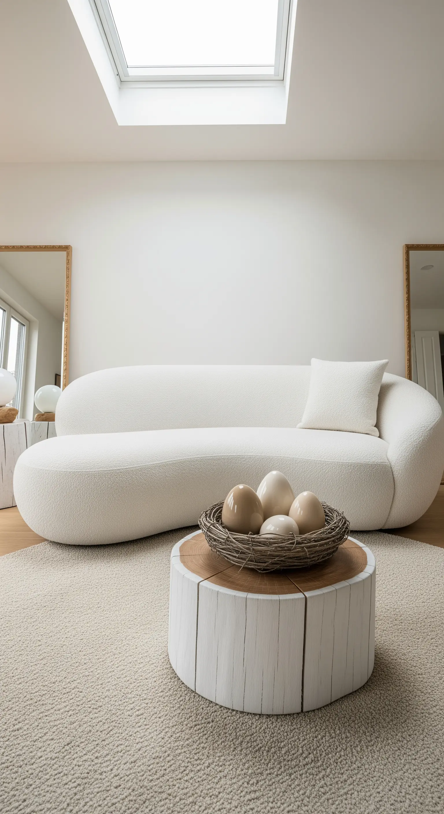 Baumstamm-Tisch mit Vogelnest vor weißem Sofa