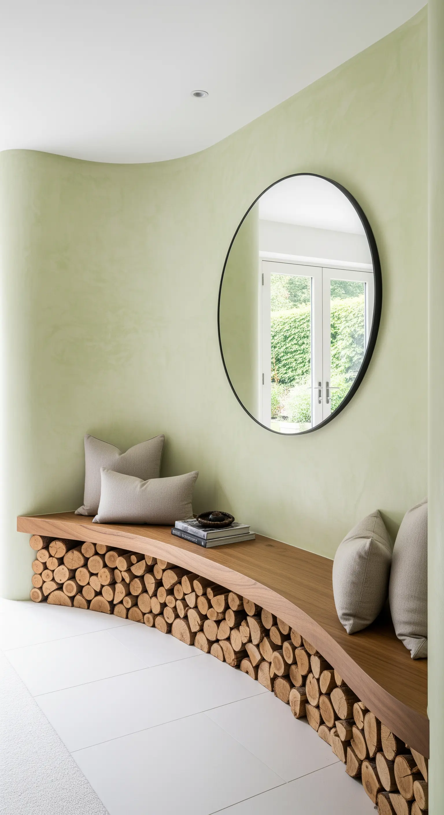 Geschwungene Holzbank vor grüner Lehmwand