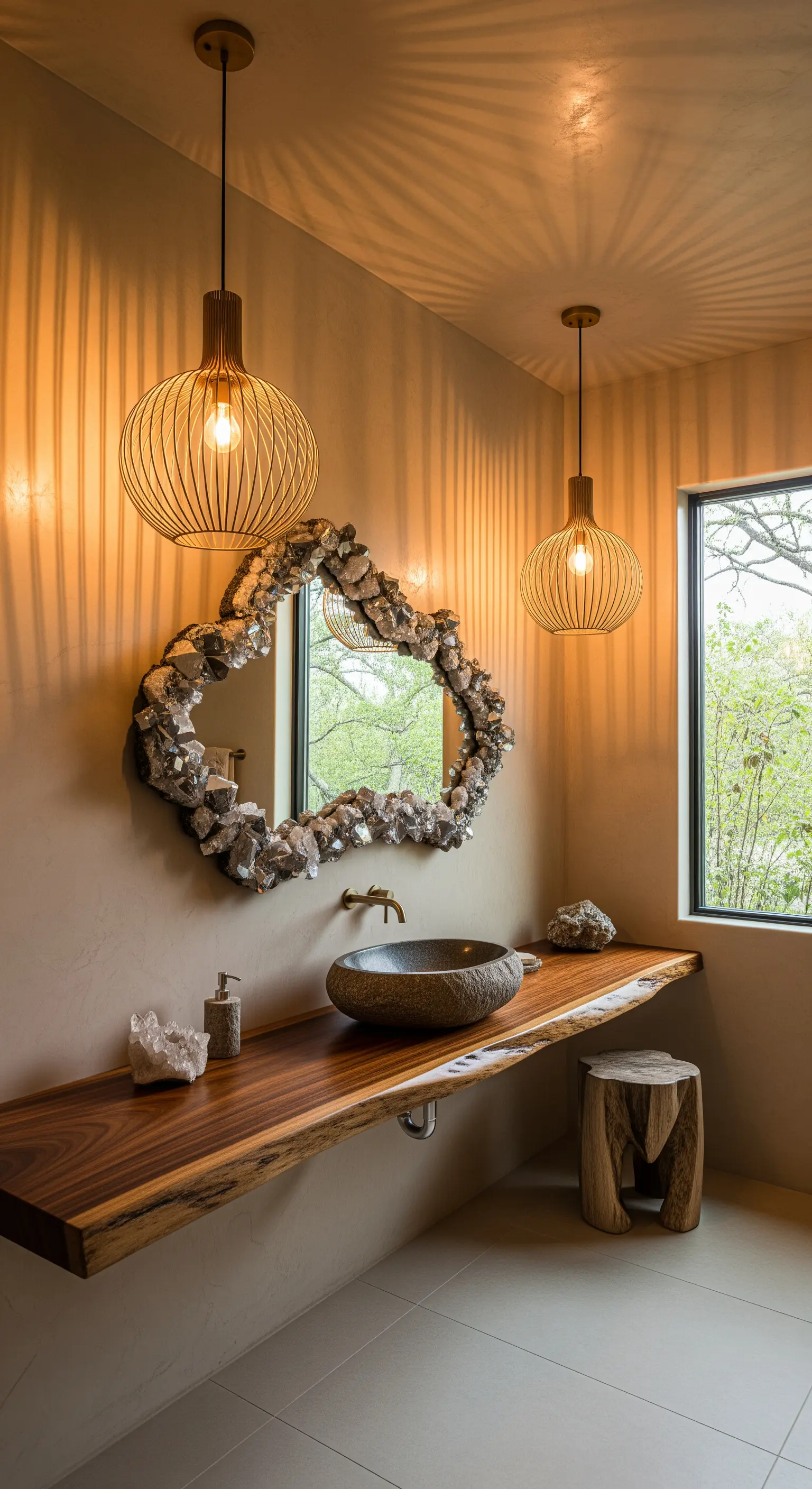 Waschtisch aus Holzbohle mit organischem Kristallspiegel und Holzleuchten