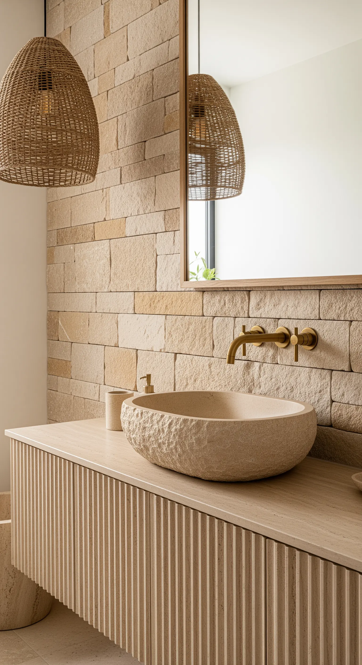 Naturstein-Waschbecken auf geriffeltem Holzunterschrank