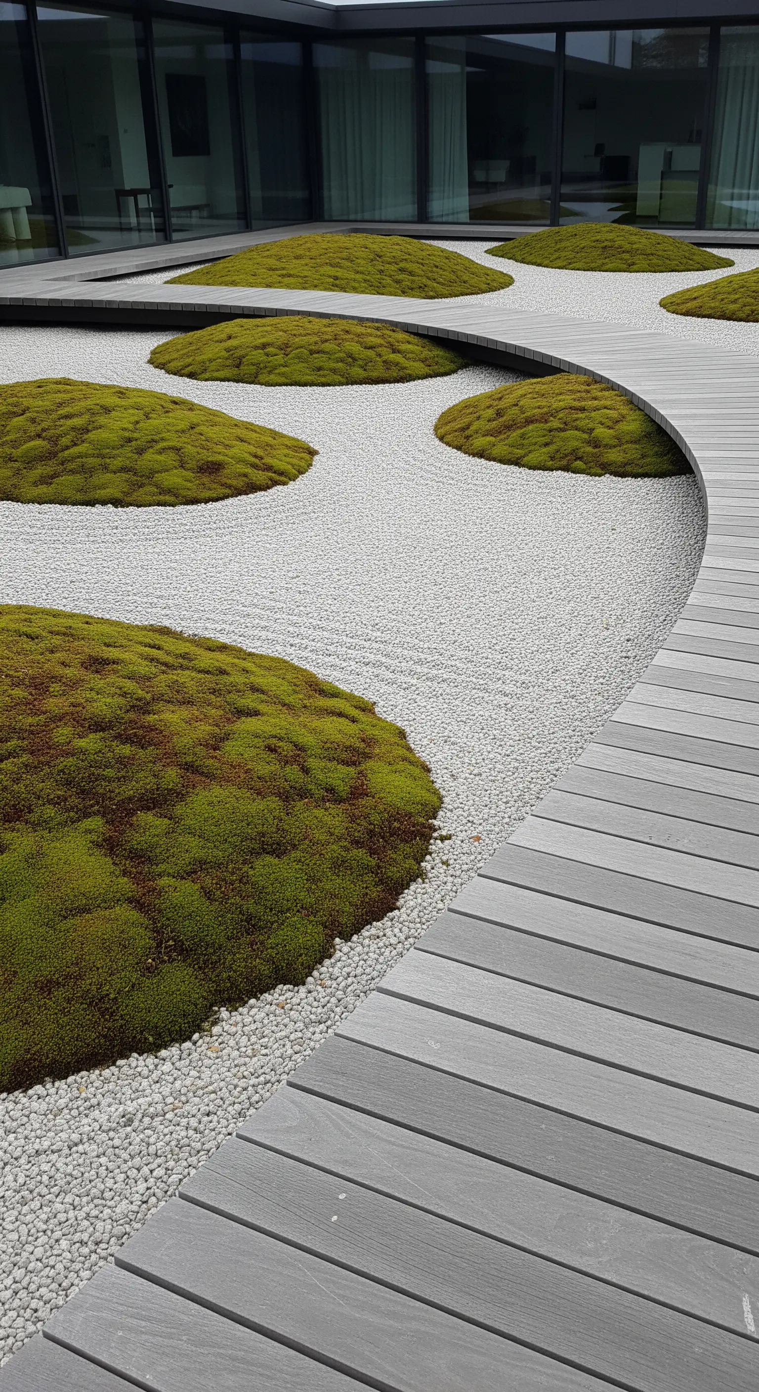 Geschwungener Holzweg führt durch Mooshügel und weißen Kies