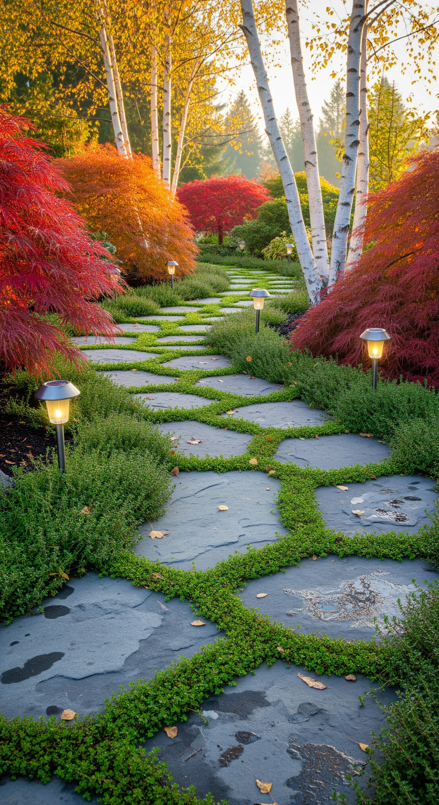 Unregelmäßige Steinplatten umwachsen von Bodendeckern