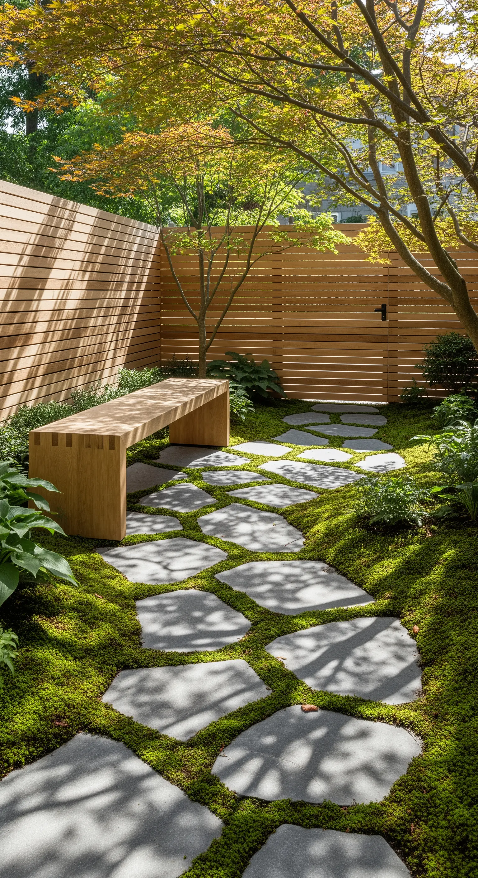 Natursteinweg mit Moosfugen im Japandi Stil