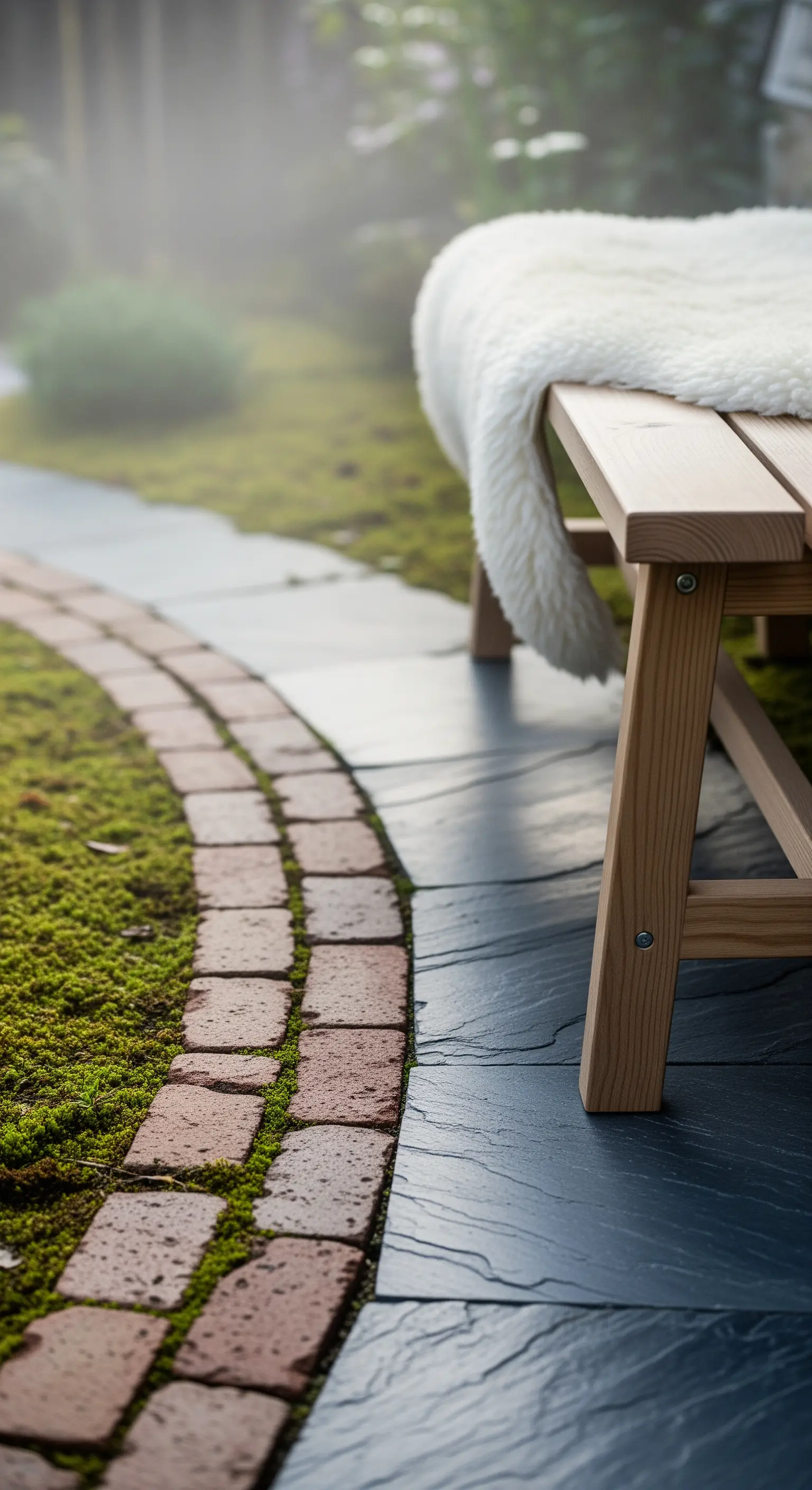 Geschwungener Gartenweg mit Schieferplatten und Rasen