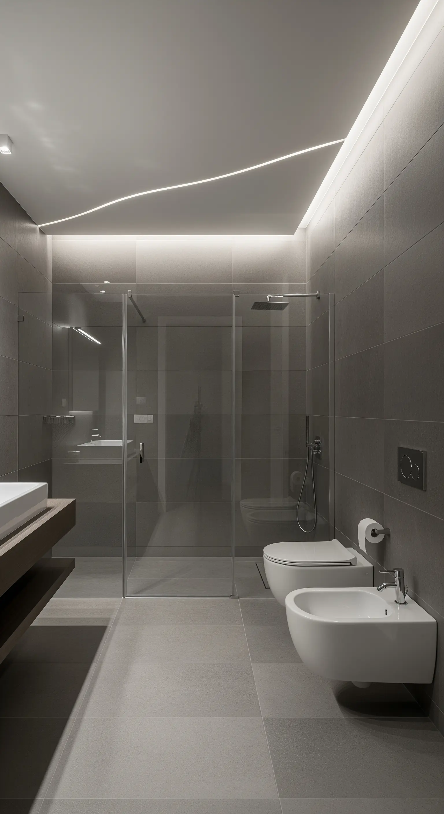 Dunkelgraues Bad mit geschwungener LED-Lichtlinie in der Decke