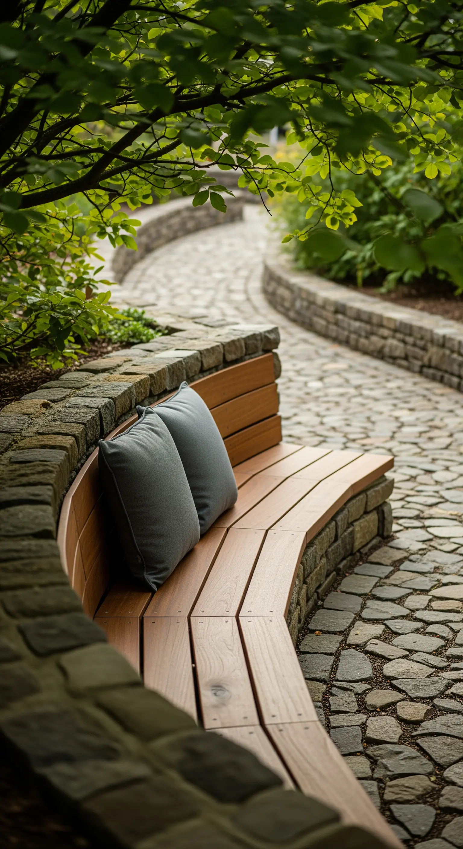 Geschwungene Holzbank folgt einer Steinmauer am gepflasterten Weg