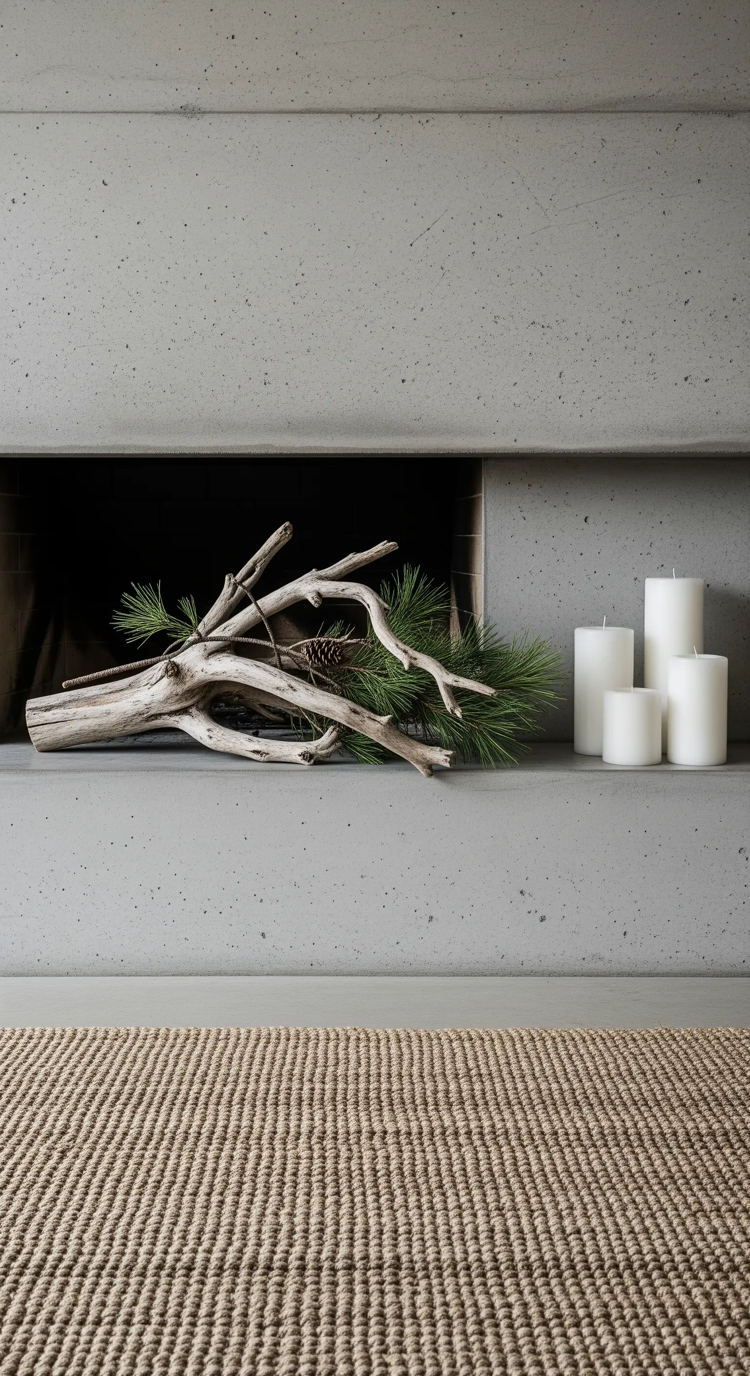 Treibholz und weiße Kerzen vor Betonwand