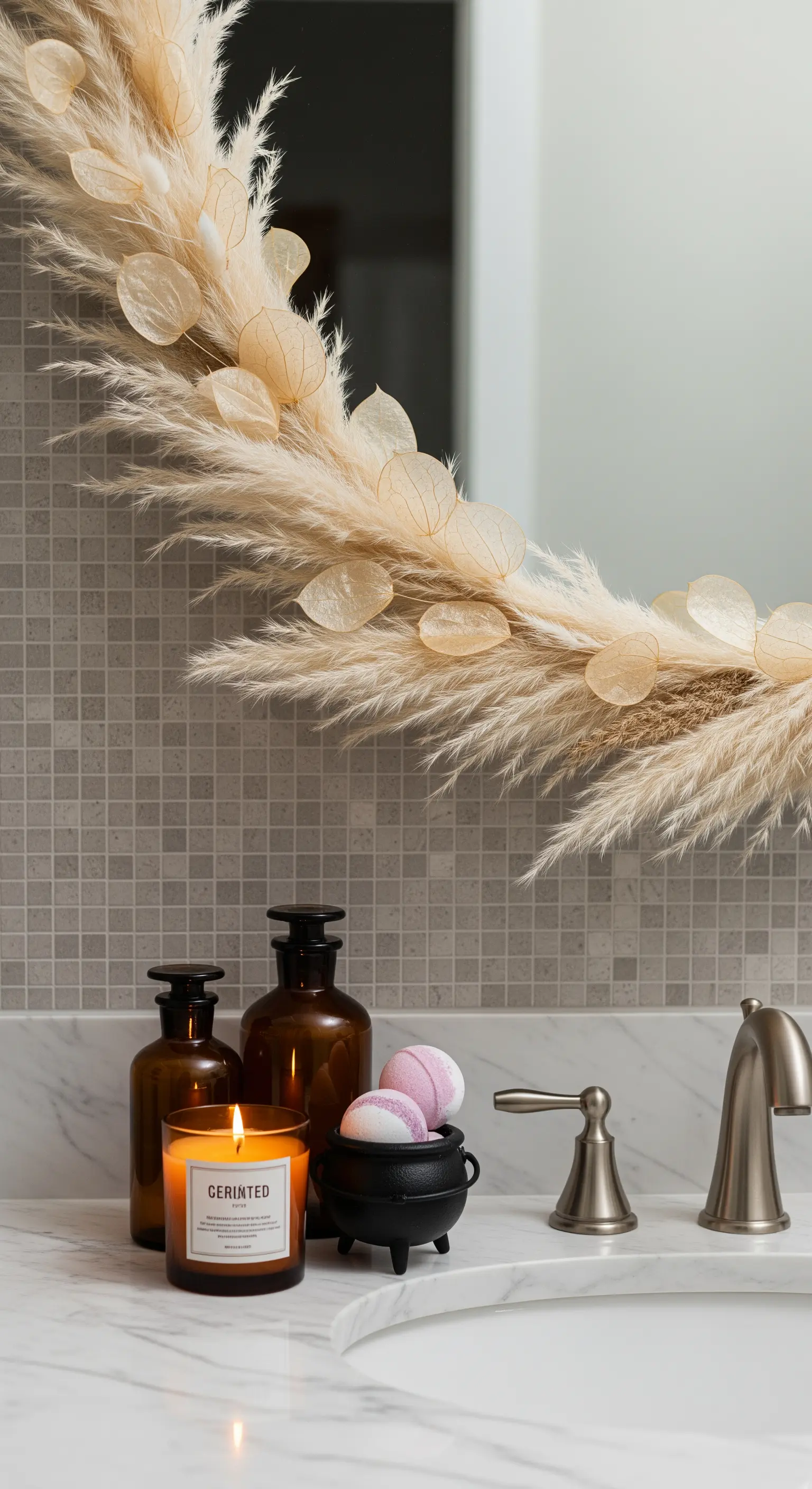 Badezimmerspiegel mit Pampasgras-Deko und Kerzen
