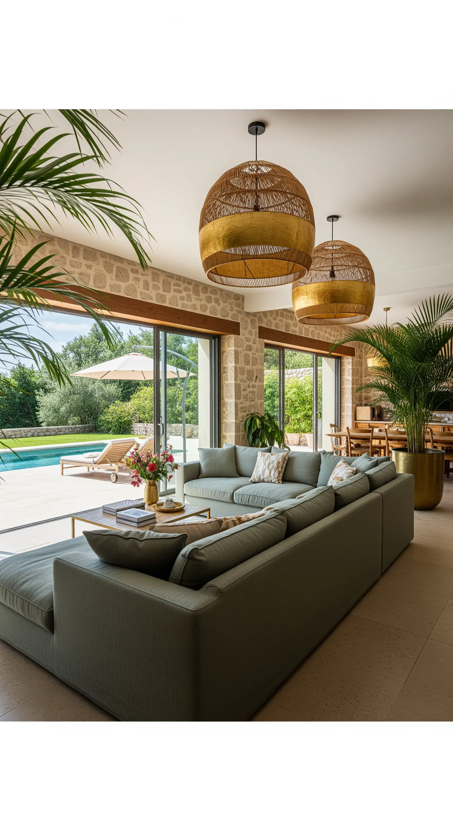 Wohnzimmer öffnet sich zum Pool, Rattanlampen an der Decke