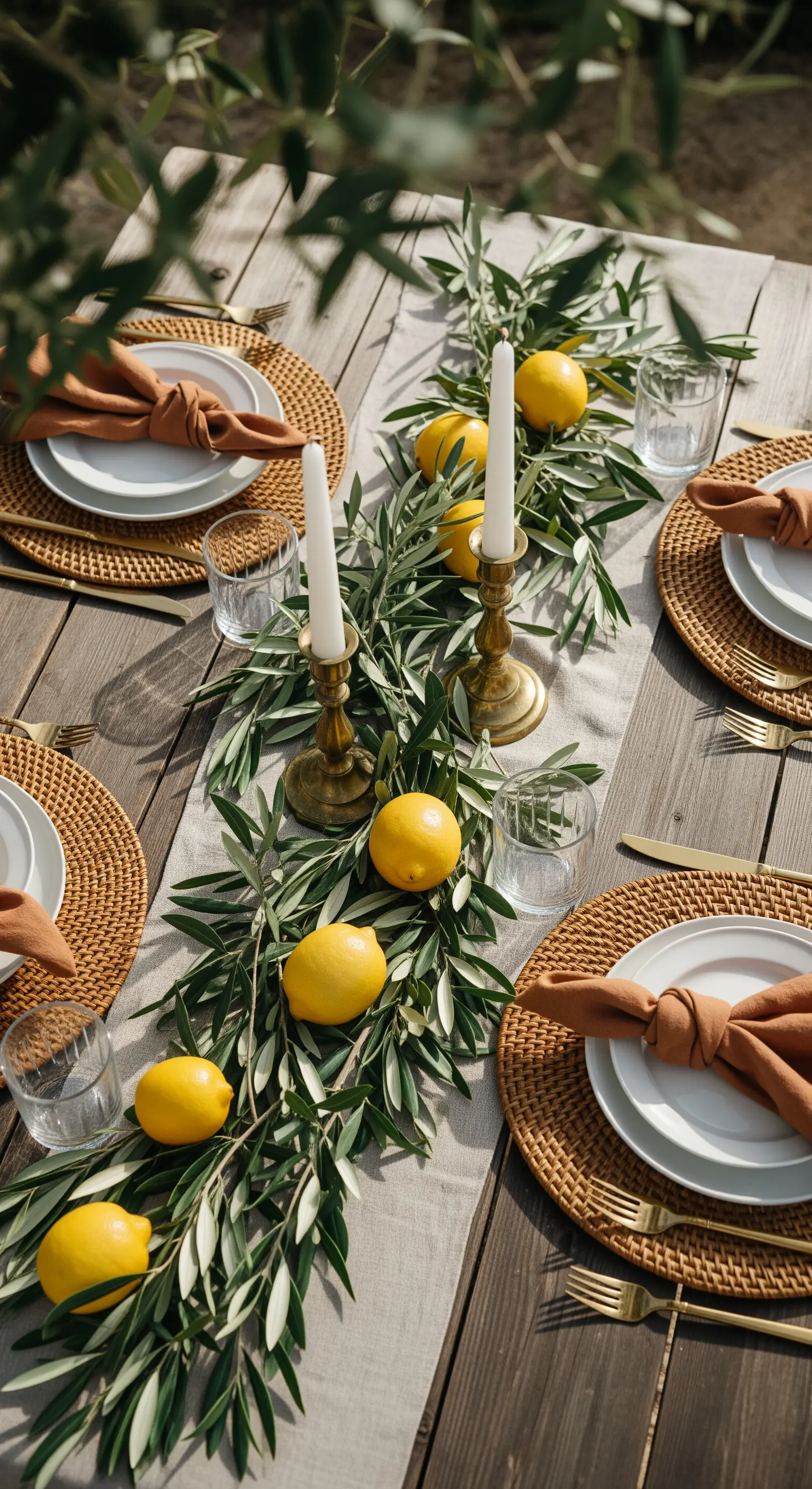 Langer Holztisch mit Olivenzweig-Girlande und Kerzen