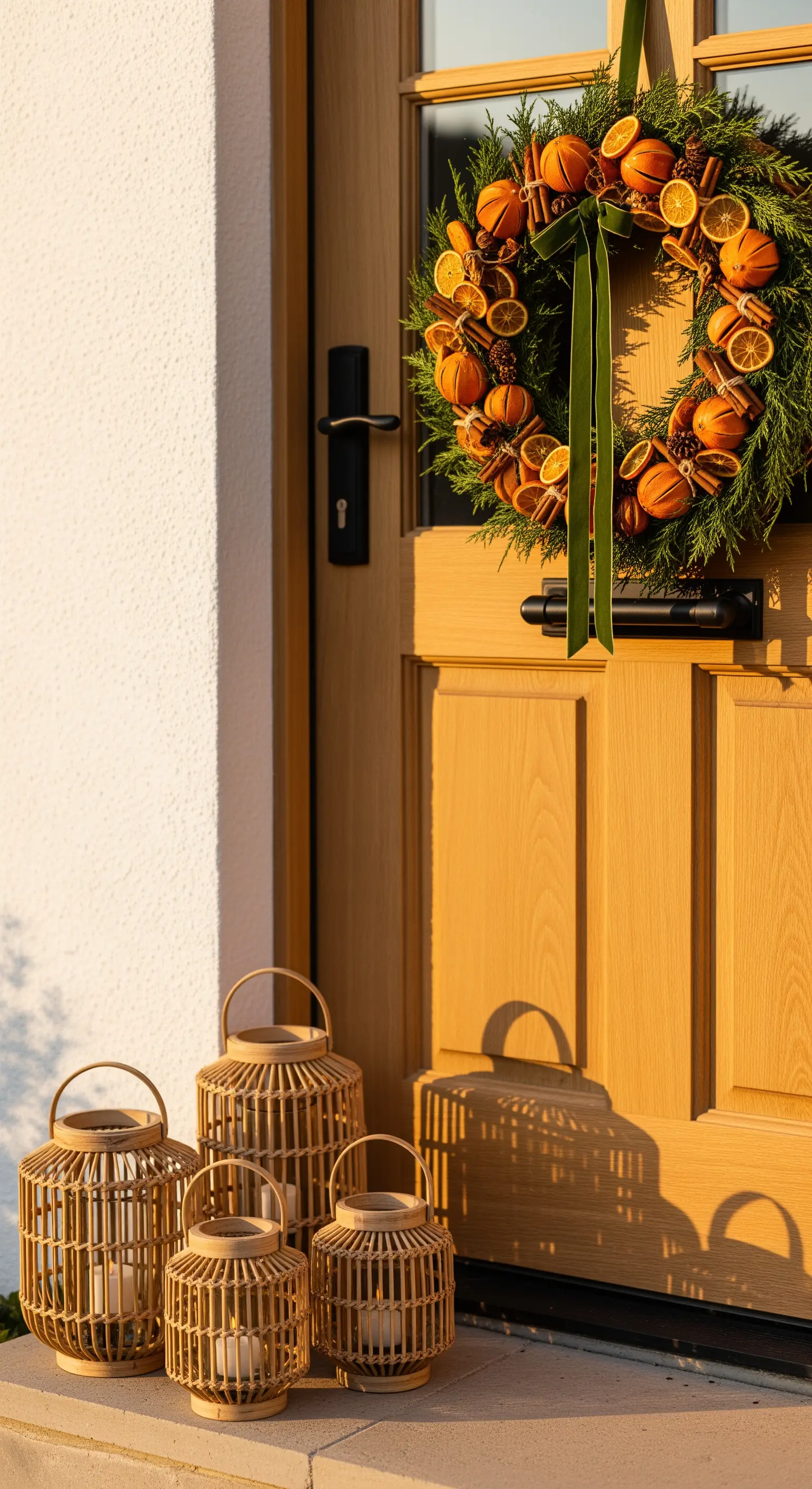 Helle Holztür mit Kranz aus getrockneten Orangen