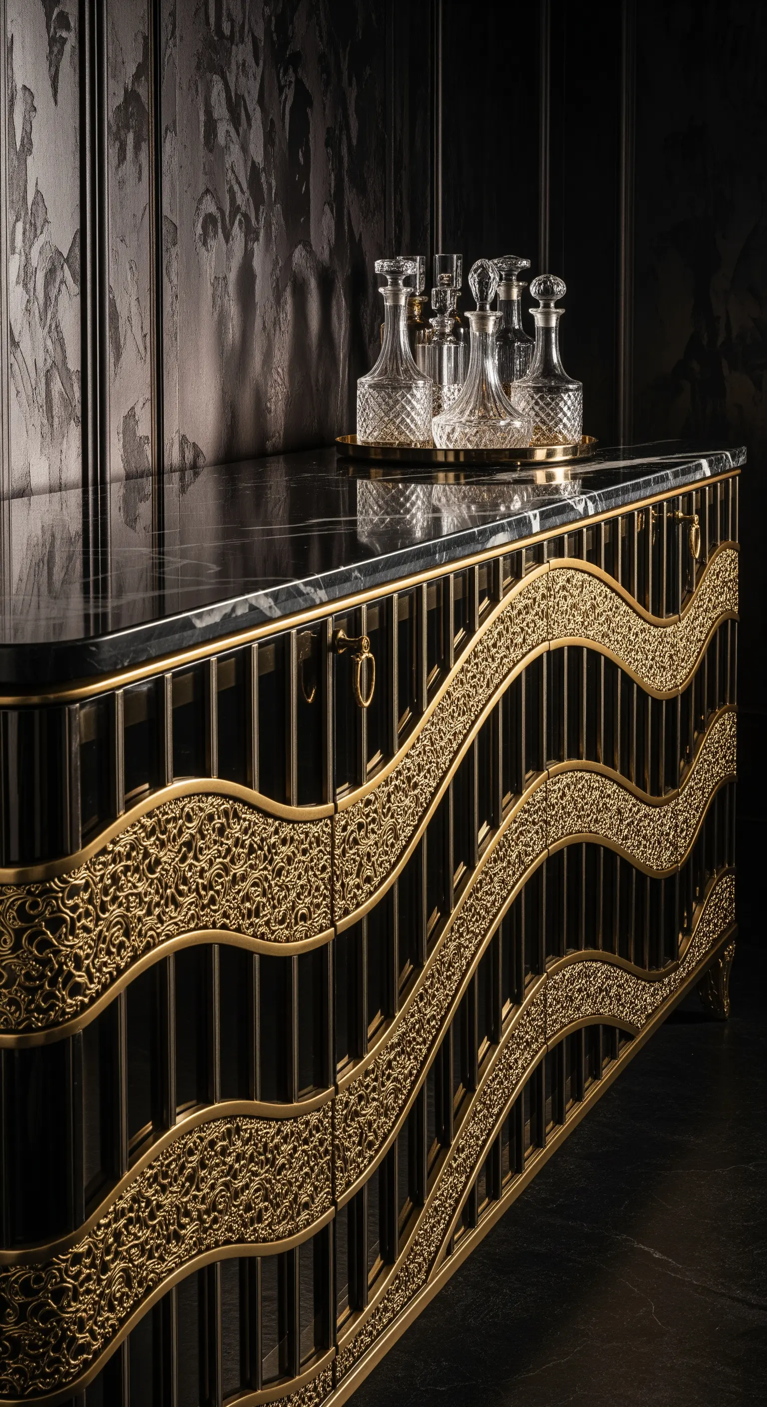 Sideboard mit goldenen Ornamenten und Kristallkaraffen