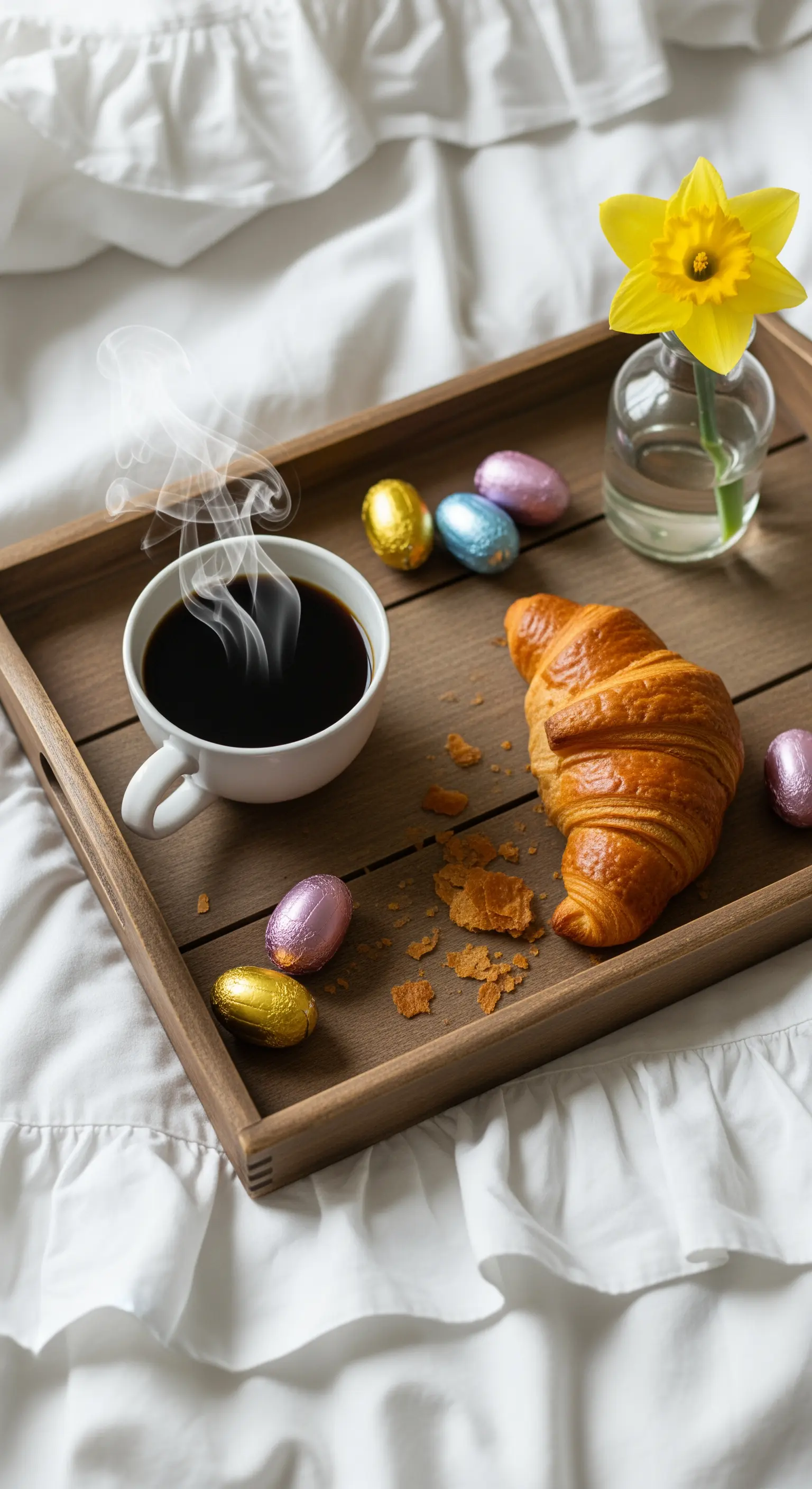 Frühstückstablett im Bett mit Kaffee, Croissant und Narzisse
