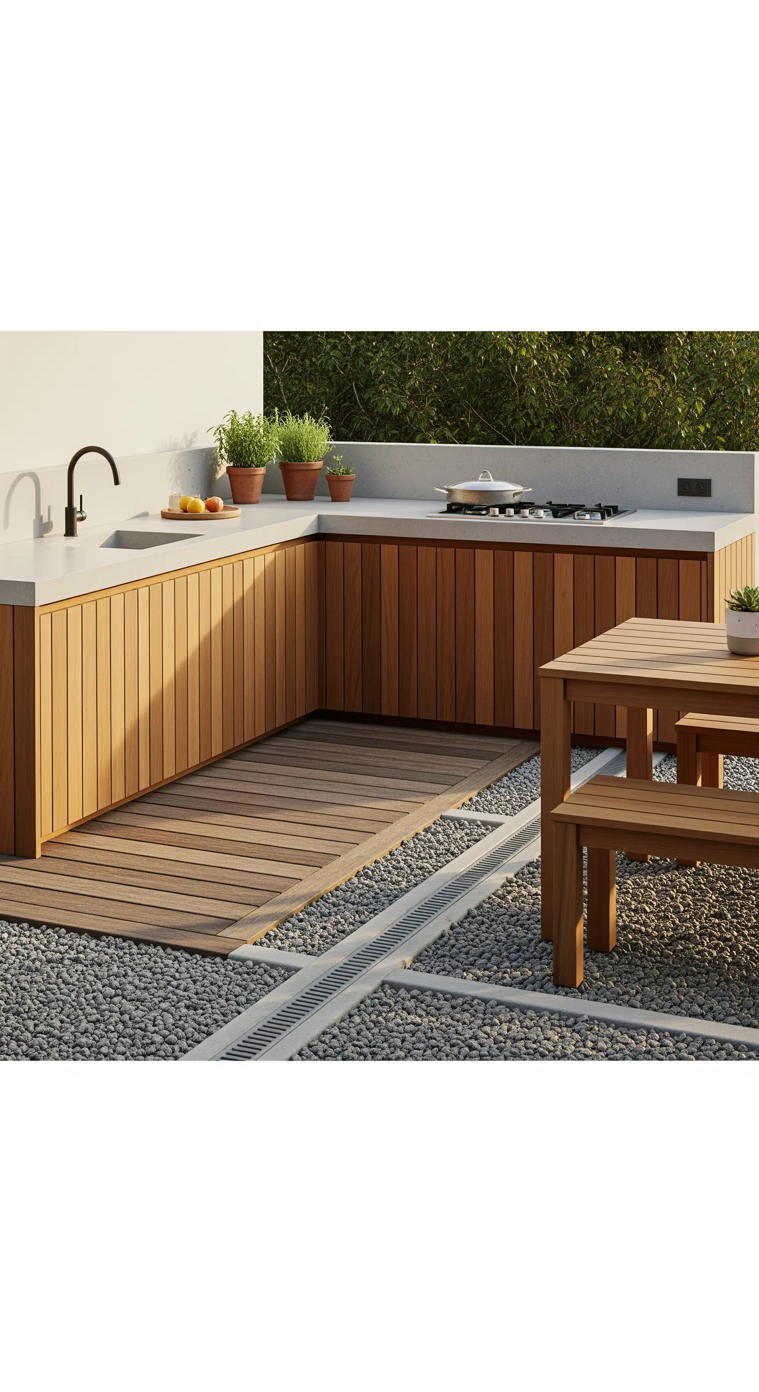 Minimalistische Outdoor-Küche mit Holzverkleidung und heller Arbeitsplatte