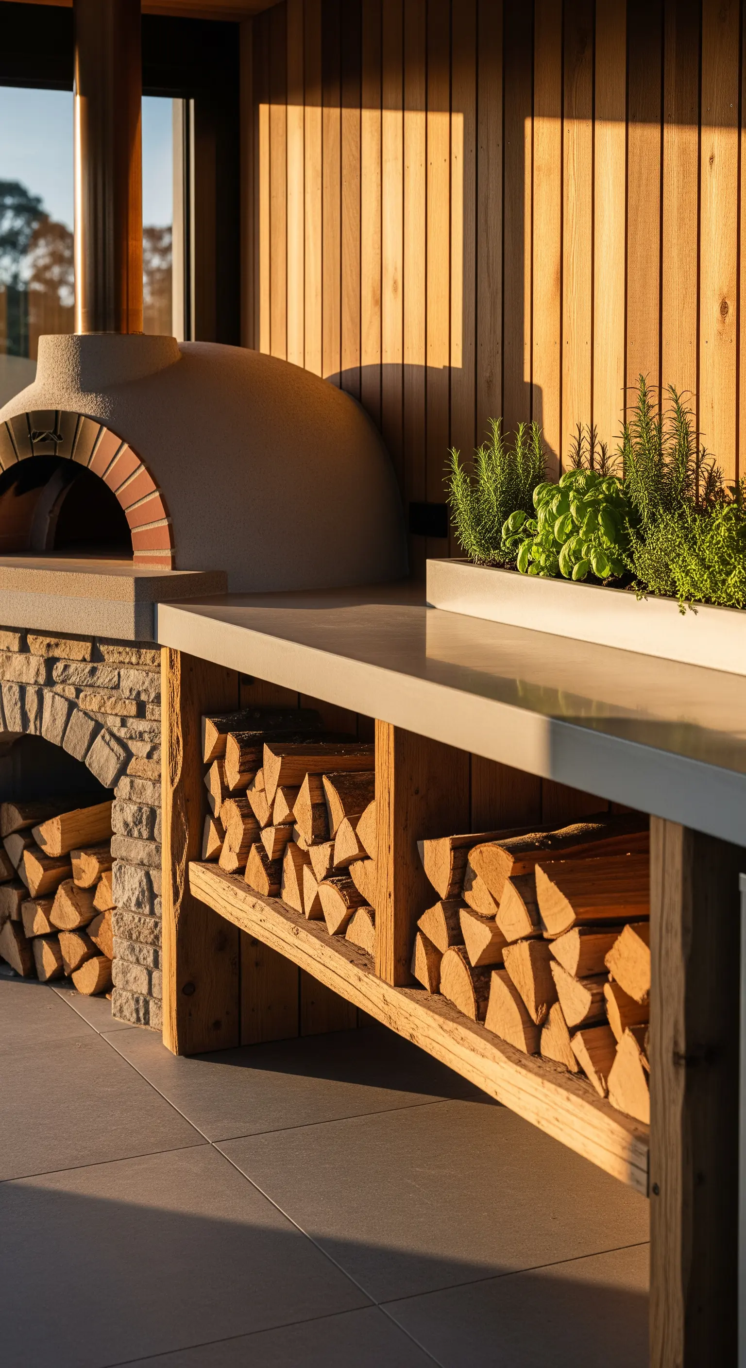 Pizzaofen aus Stein neben Betonarbeitsplatte mit Kräutern