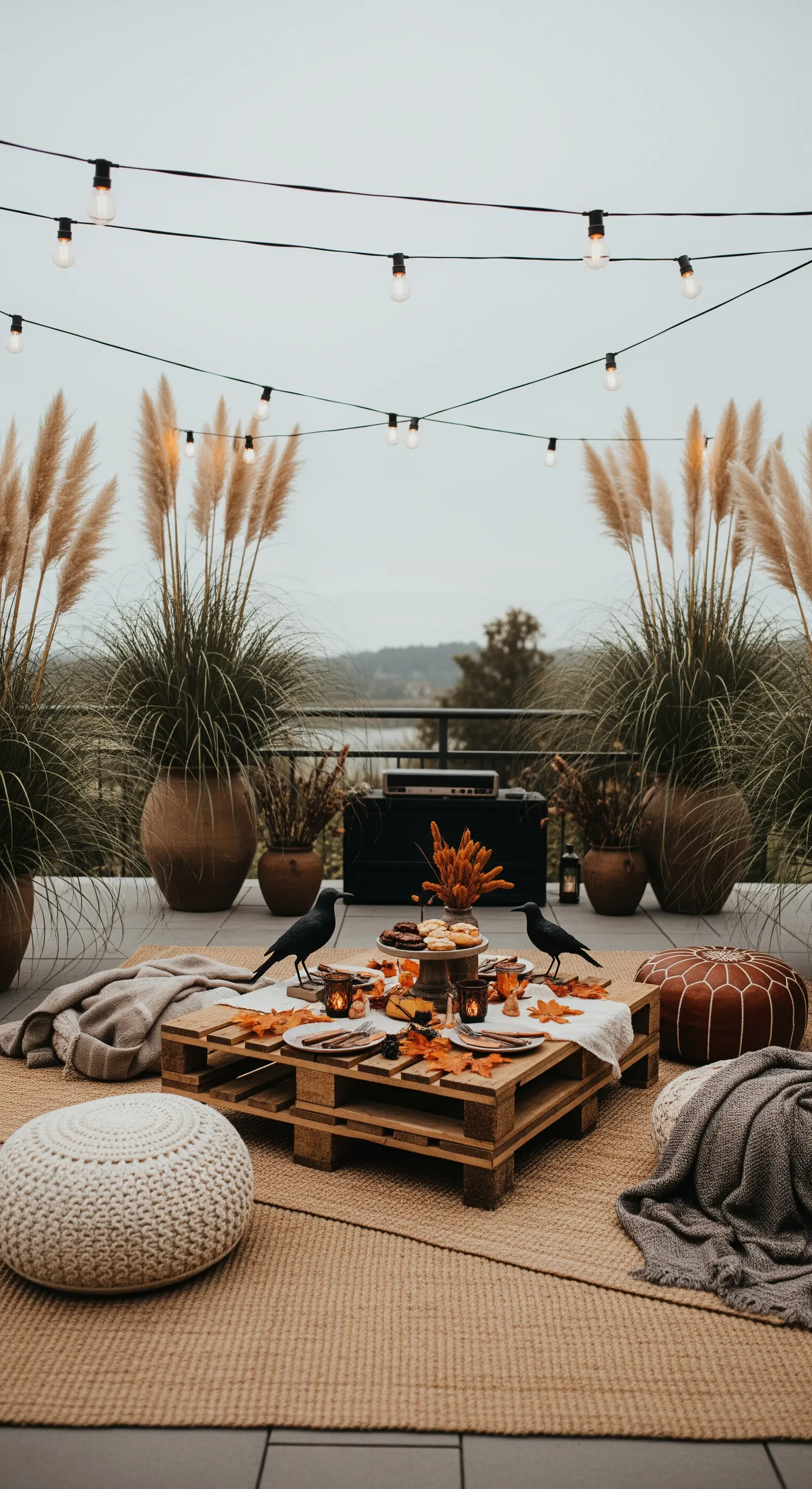 Paletten-Lounge im Freien mit Raben und Decken