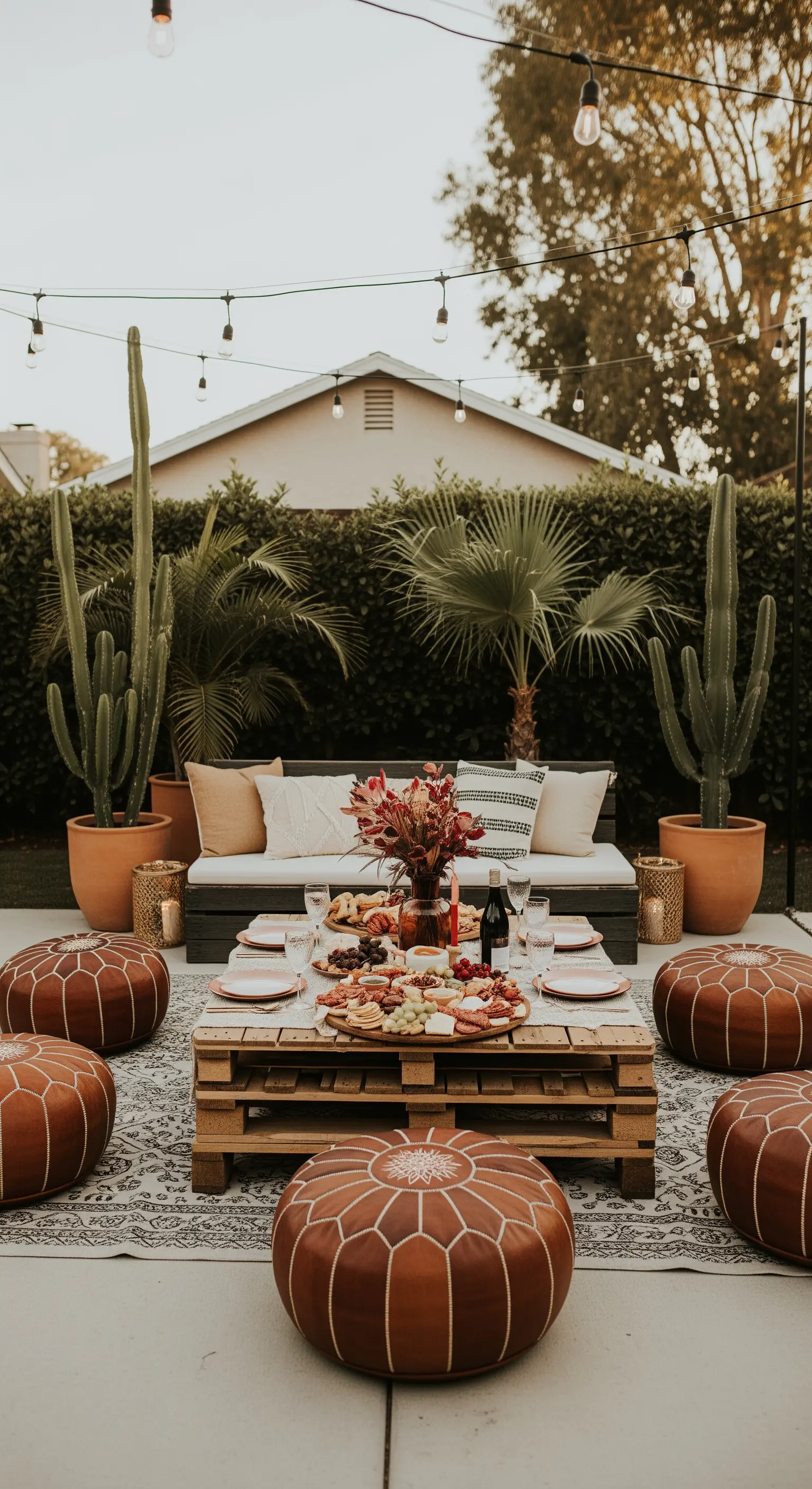 Terrasse mit Palettensofa, Lederpoufs und Lichterketten