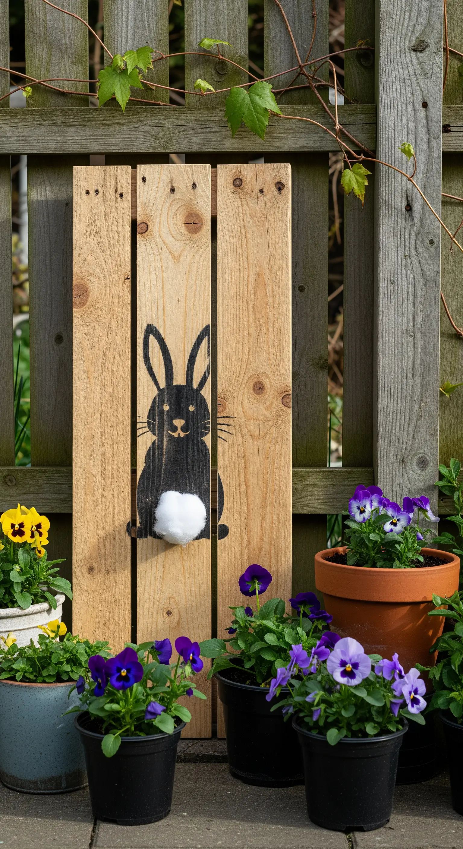 Holzpalette mit aufgemaltem Hasen und Stiefmütterchen vor Gartenzaun