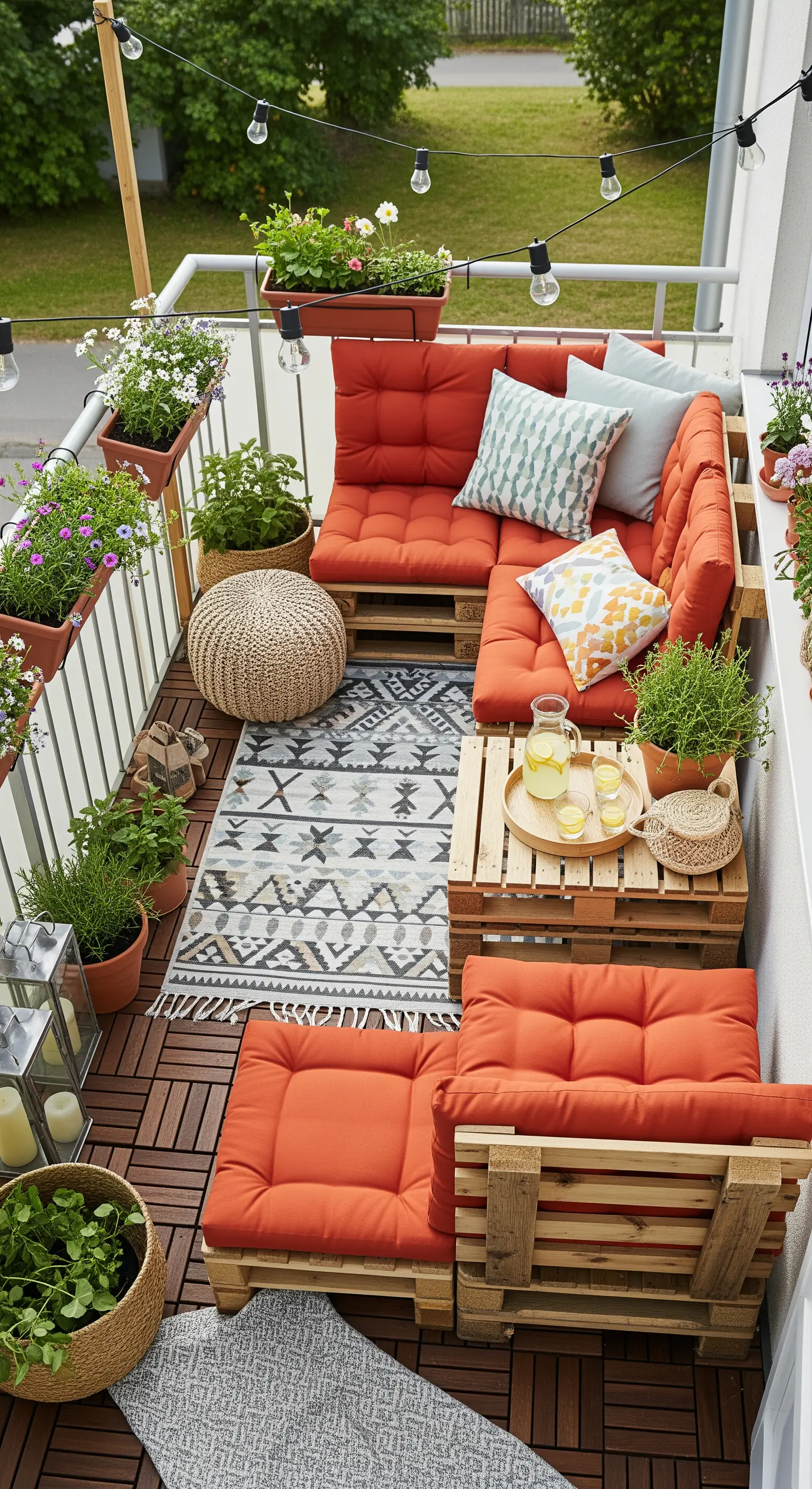 Balkon mit Palettensofa, roten Polstern und Lichterkette