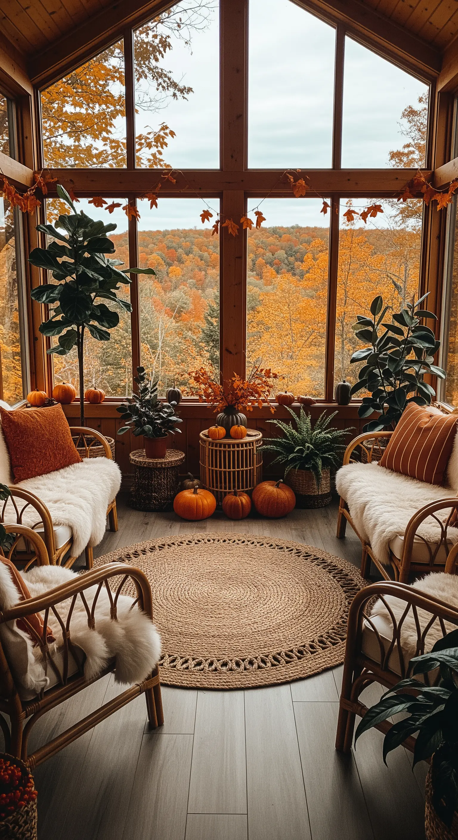 Wintergarten mit Rattanmöbeln, Fellen und Blick auf Herbstwald