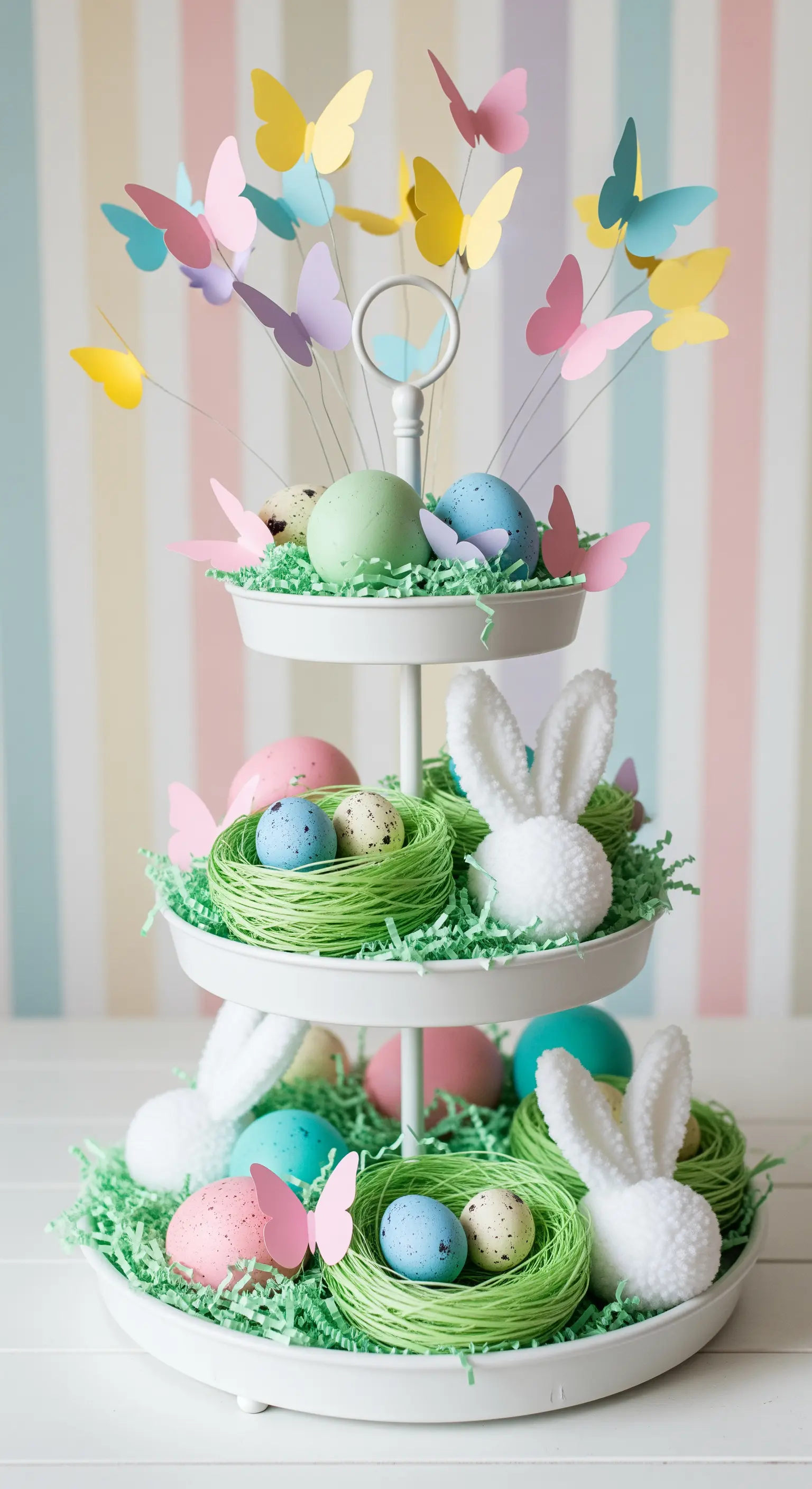 Weiße Etagere mit schwebenden Papier-Schmetterlingen