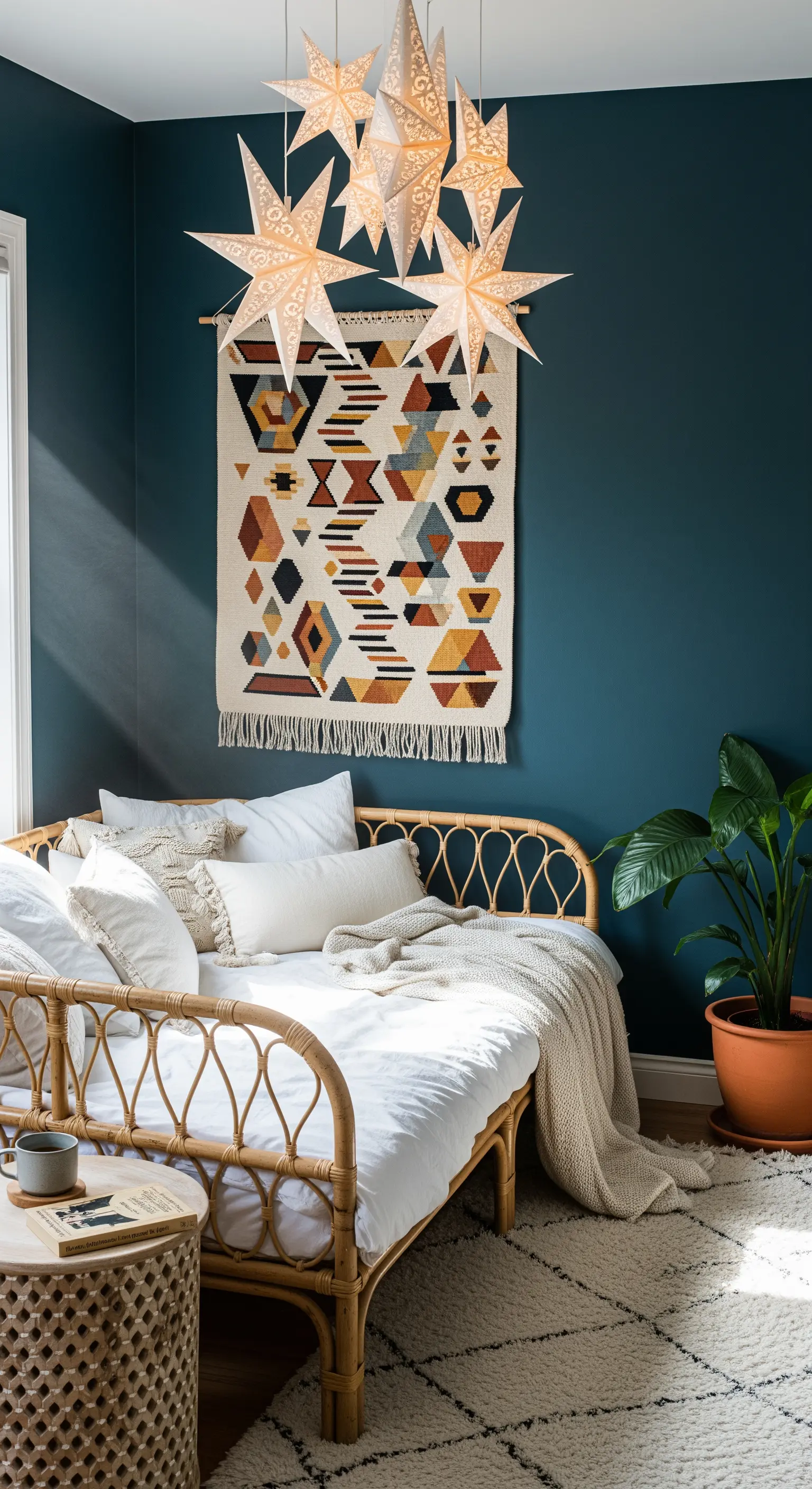 Leuchtende Papiersterne über Rattan-Daybed und Wandteppich