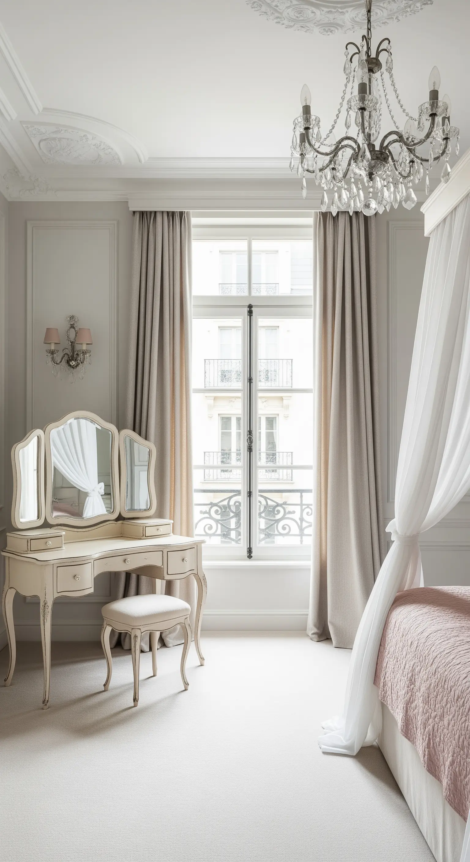 Cremefarbener Vintage-Schminktisch vor hohem Fenster