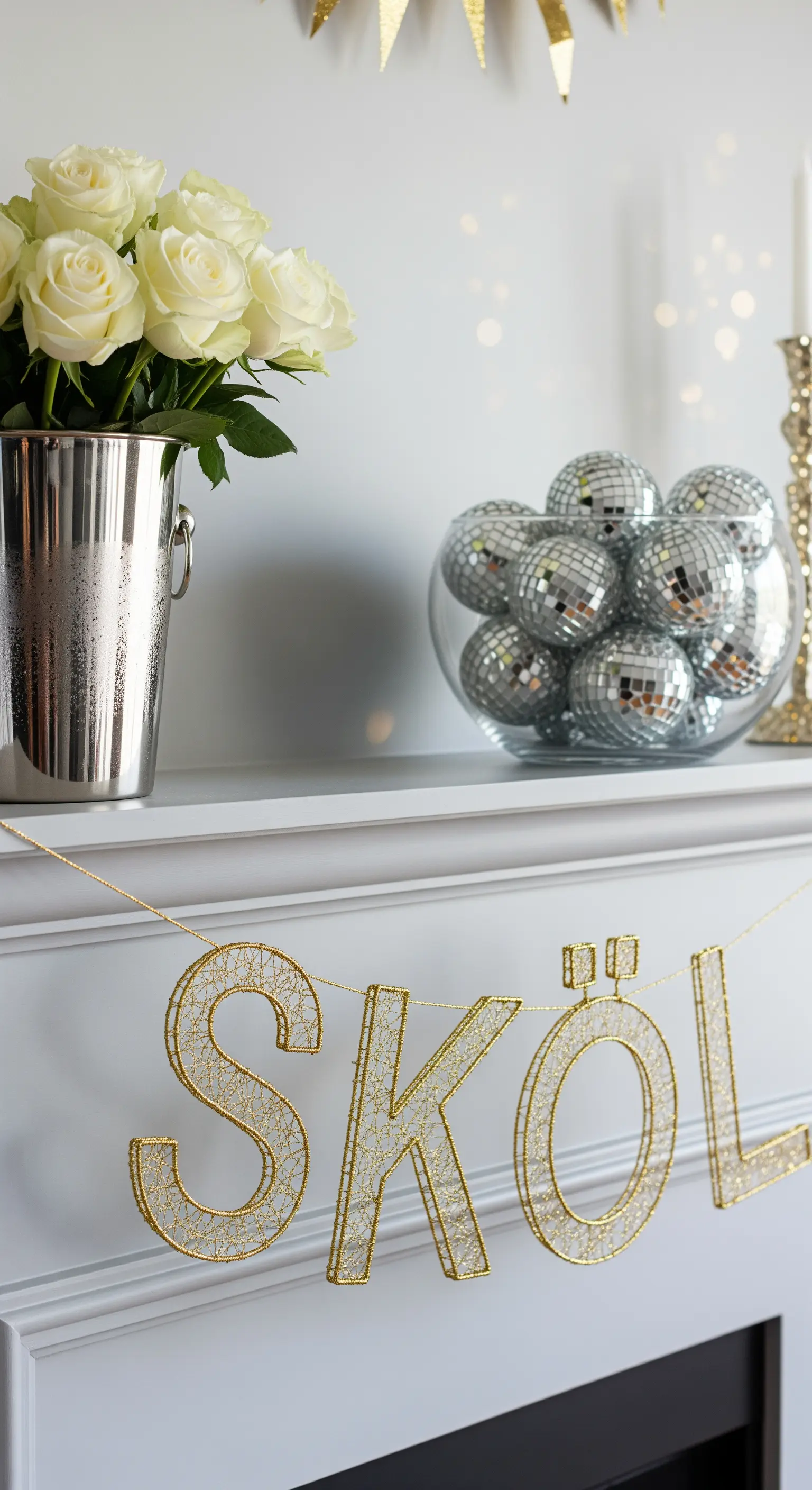 Silberner Sektkühler mit Rosen und Schale mit Discokugeln