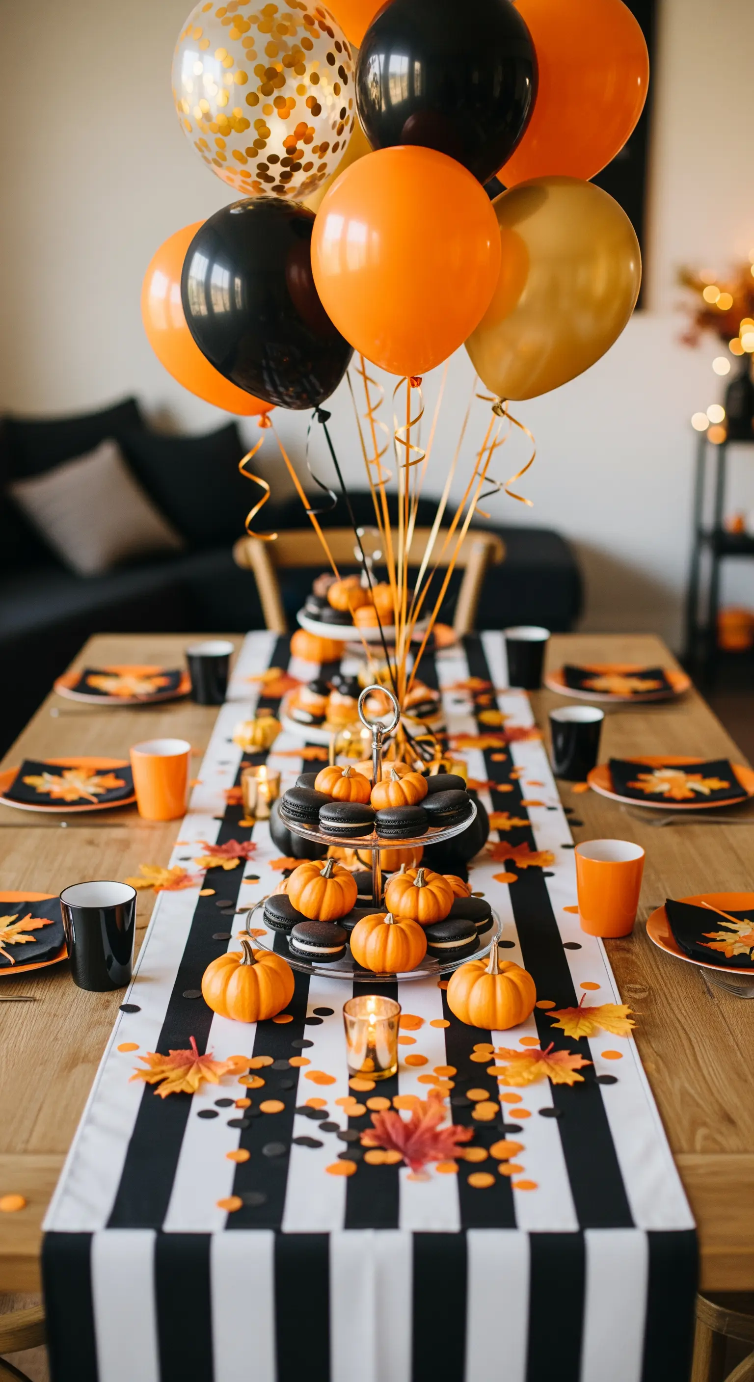 Luftballons in Orange und Schwarz über gestreiftem Tischläufer