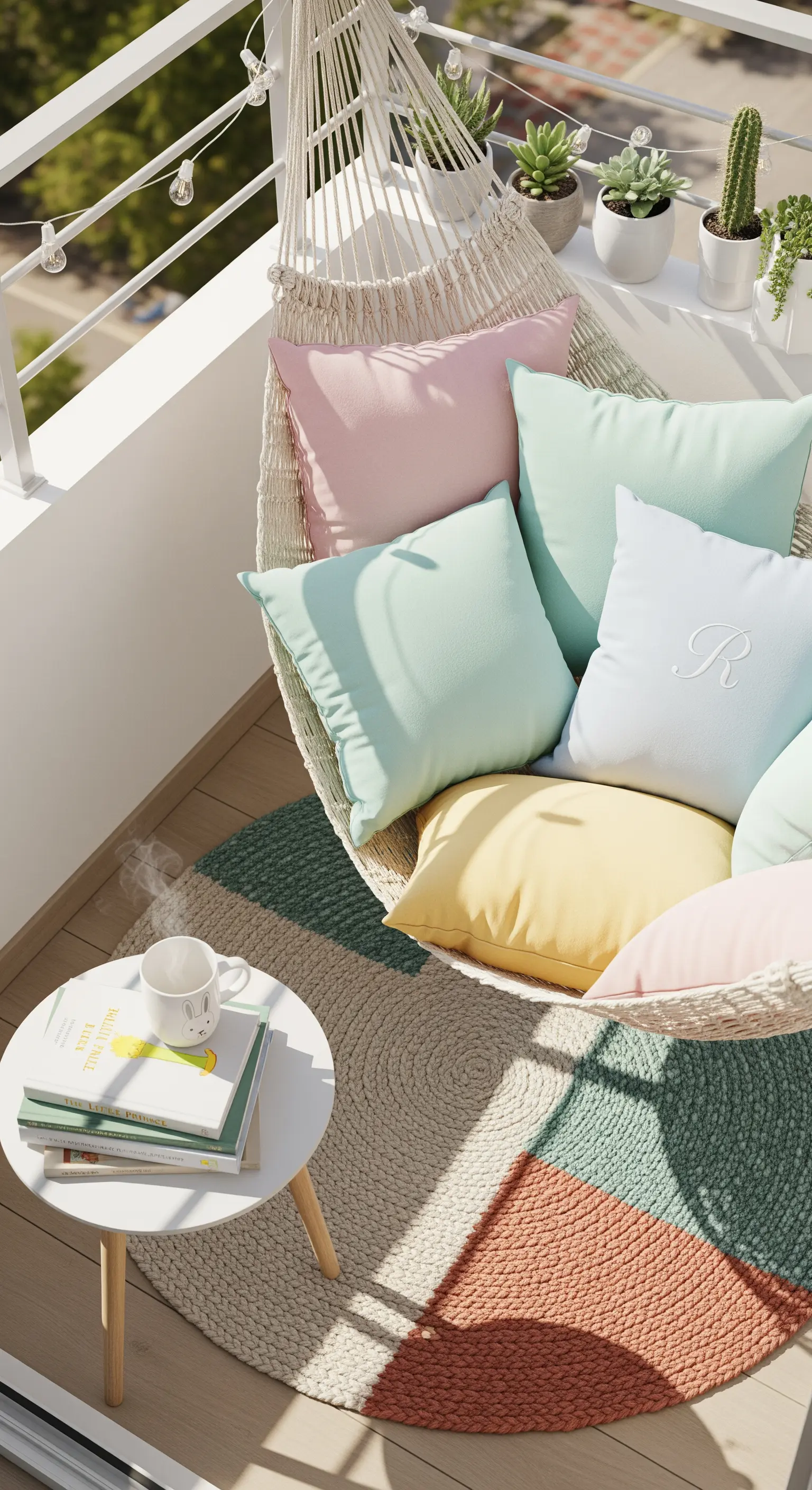 Hängesessel mit pastellfarbenen Kissen und Teppich