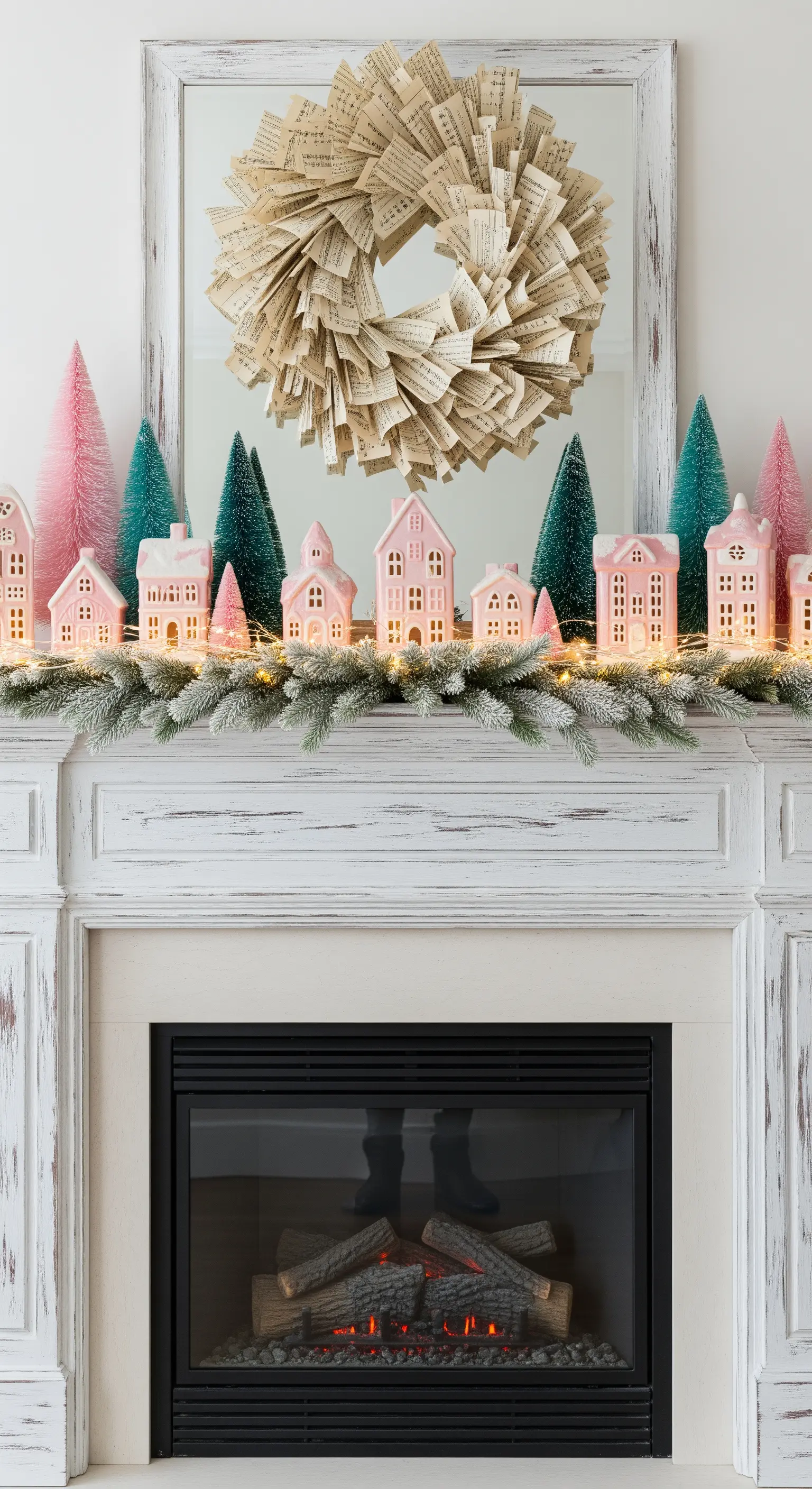 Pastellfarbene Weihnachtshäuser und Flaschenbürstenbäume am Kamin
