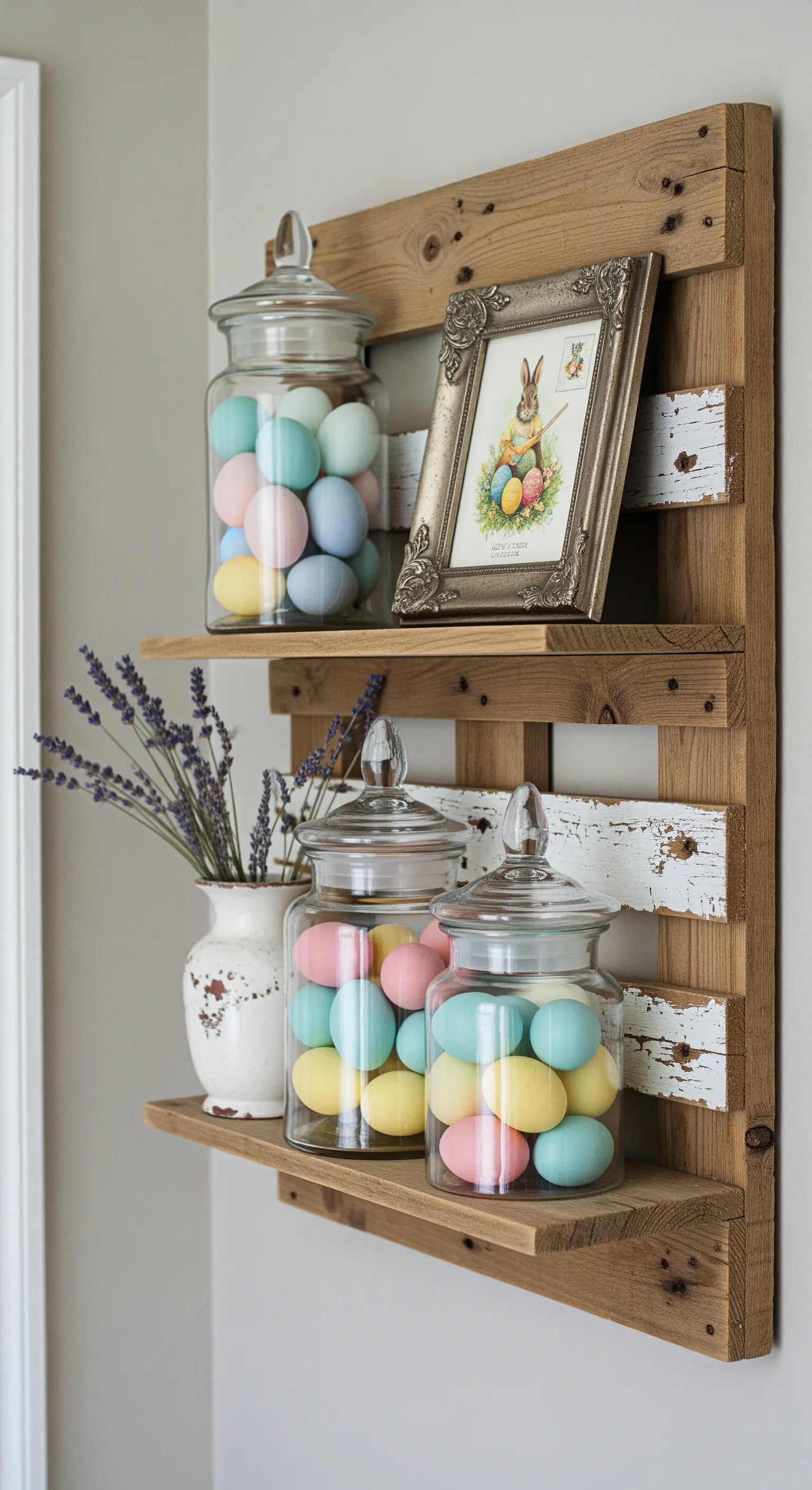 Holzregal an der Wand mit Gläsern voller bunter Eier und Lavendel
