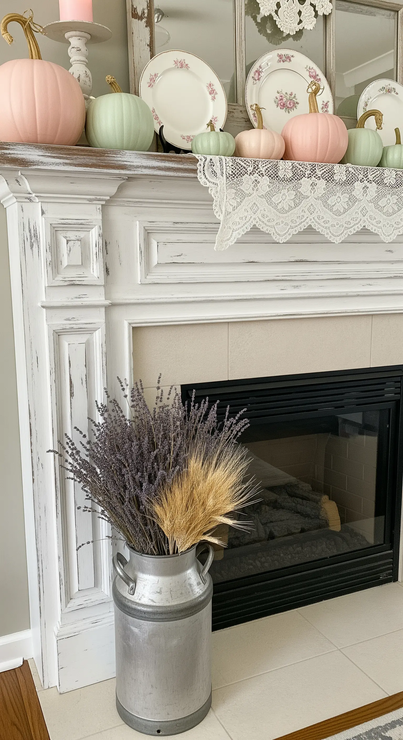 Weißer Kamin mit pastellfarbenen Kürbissen und Spitzendecke