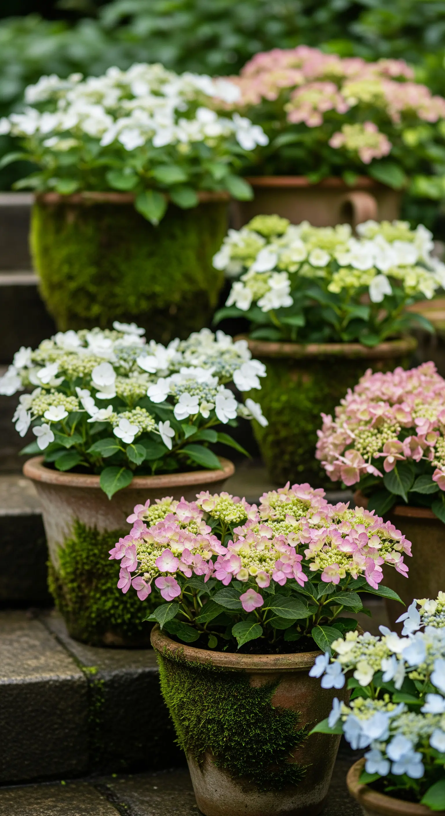 Verwitterte Tontöpfe mit weißen Hortensien auf Stufen