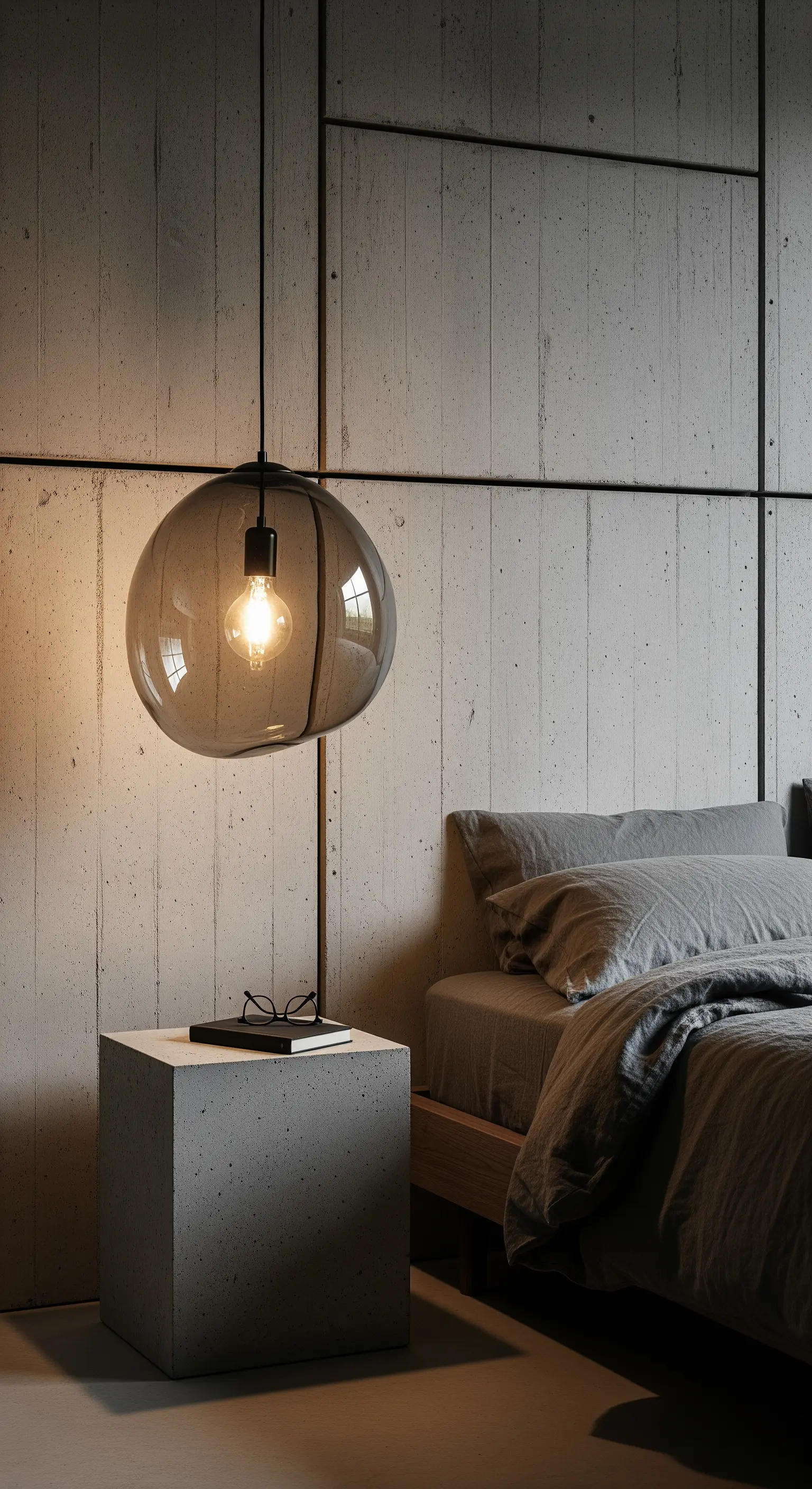 Schlafzimmer mit Betonwand und tiefer Glaspendelleuchte