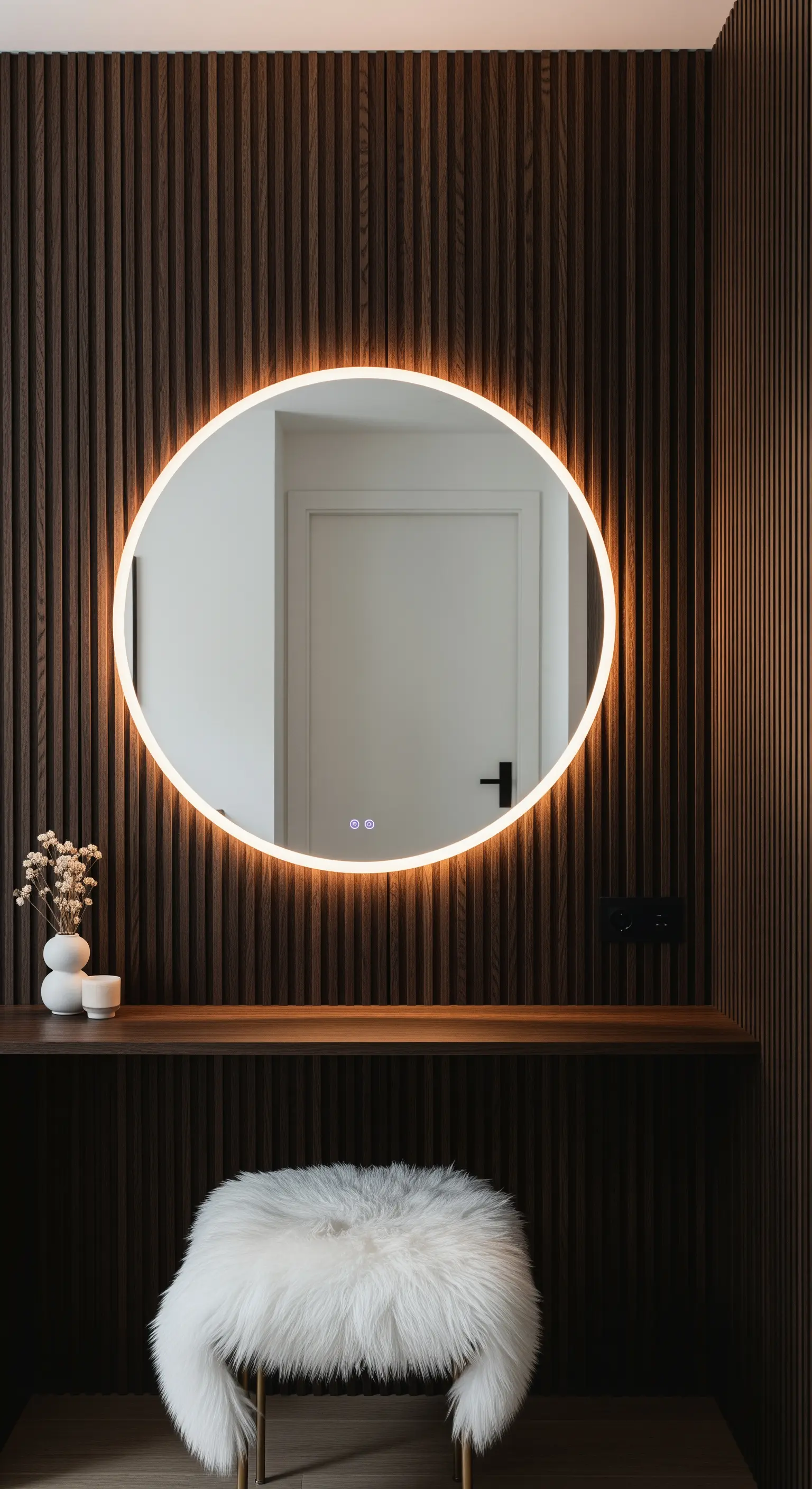 Schminktisch mit beleuchtetem Rundspiegel vor dunkler Holzlamellenwand
