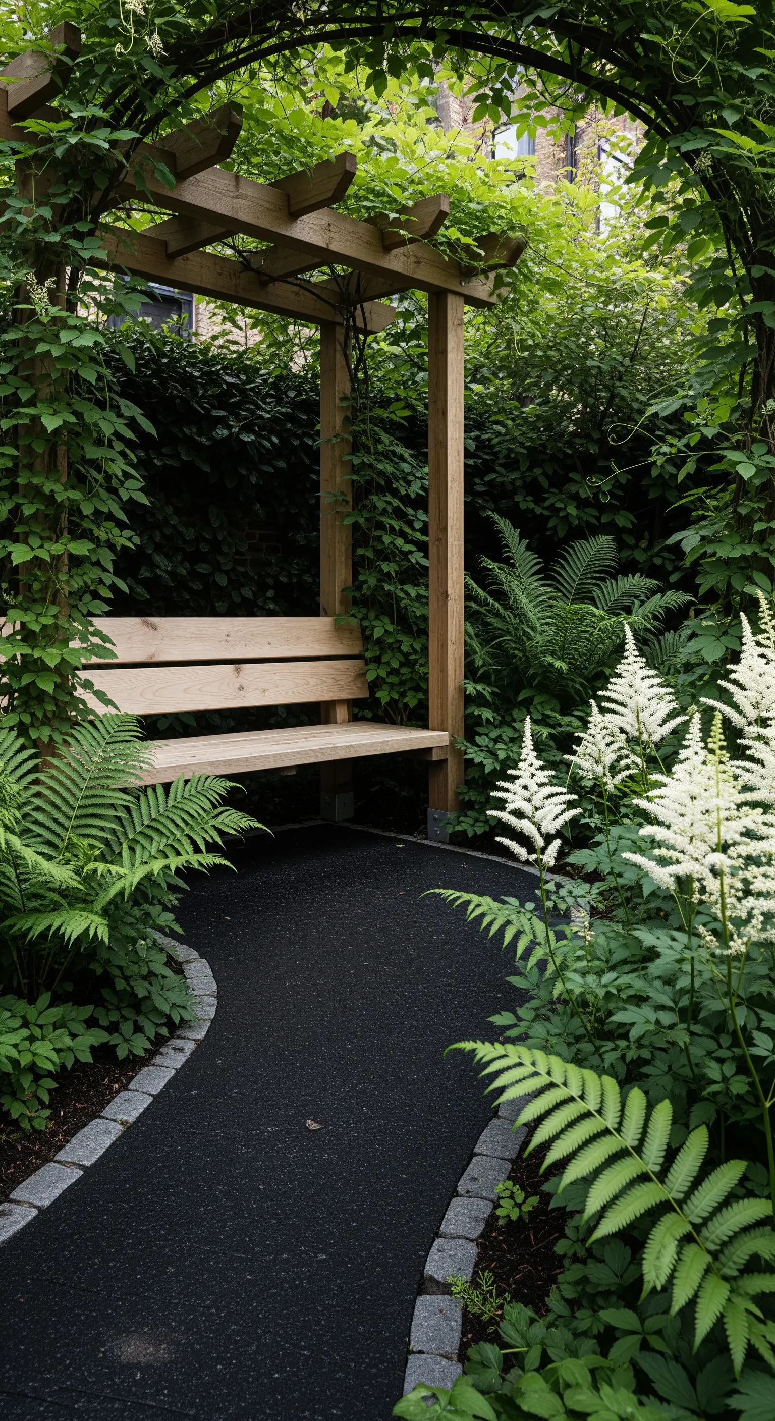 Holzpergola mit Kletterpflanzen über dunklem Weg