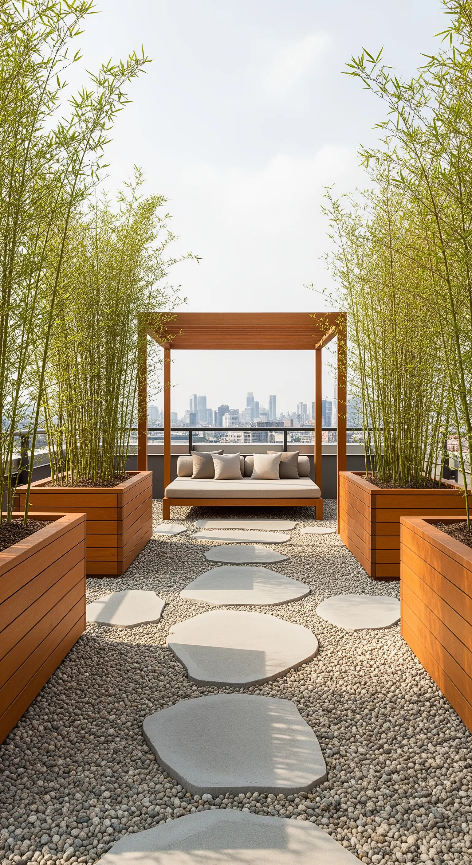 Holzpergola auf Kiesbett mit großen Trittsteinen und Bambusreihen