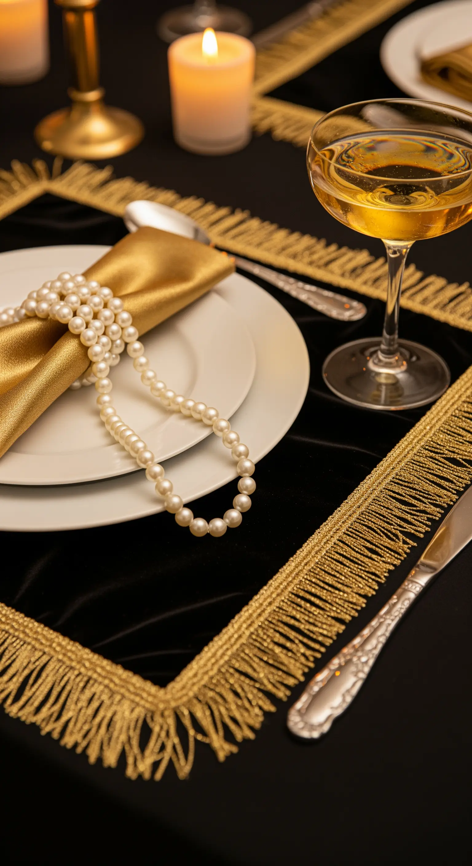 Goldene Serviette mit Perlenkette auf Samt-Platzset