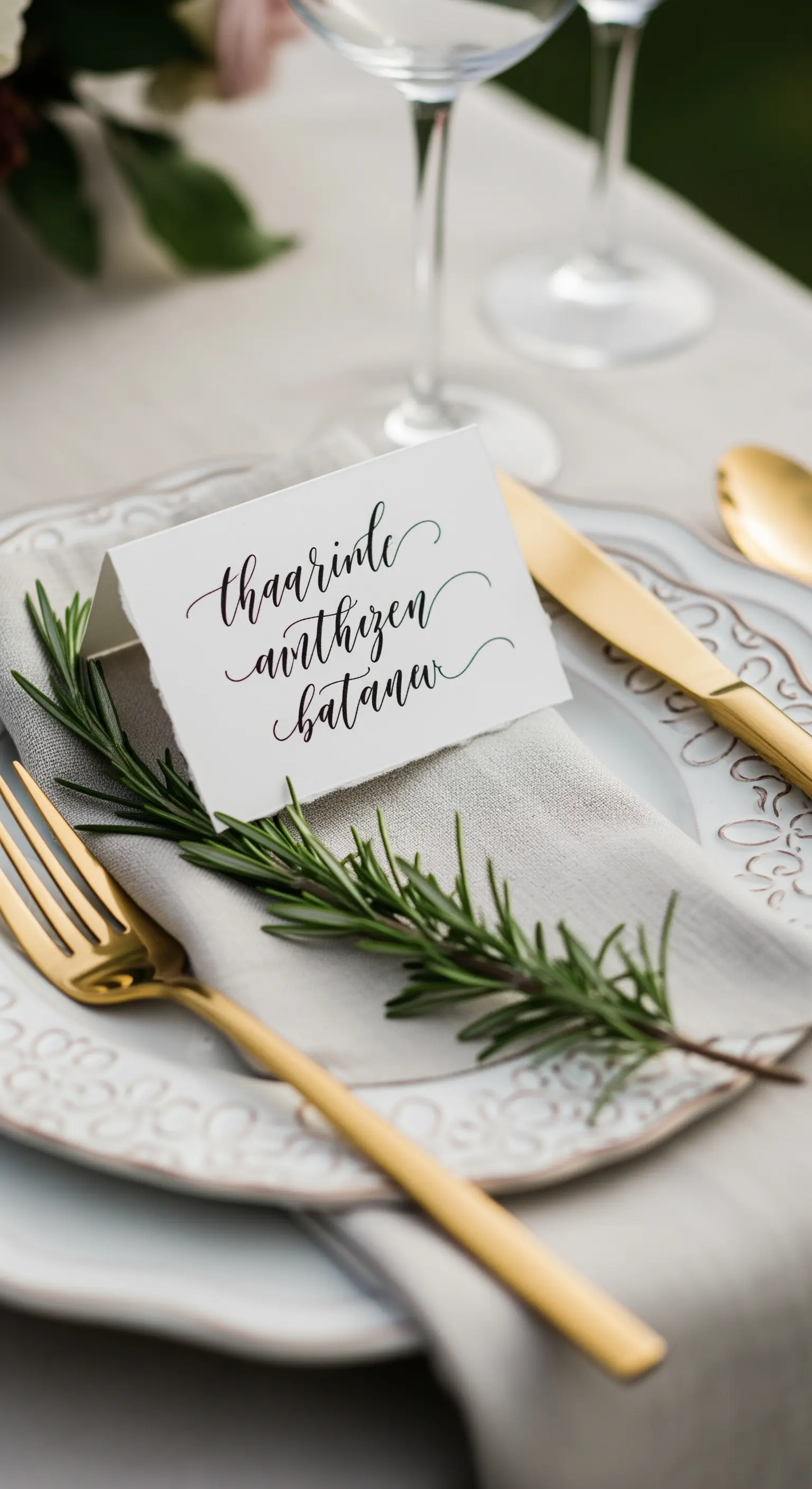 Detailaufnahme eines Gedecks mit Namenskarte und Rosmarinzweig