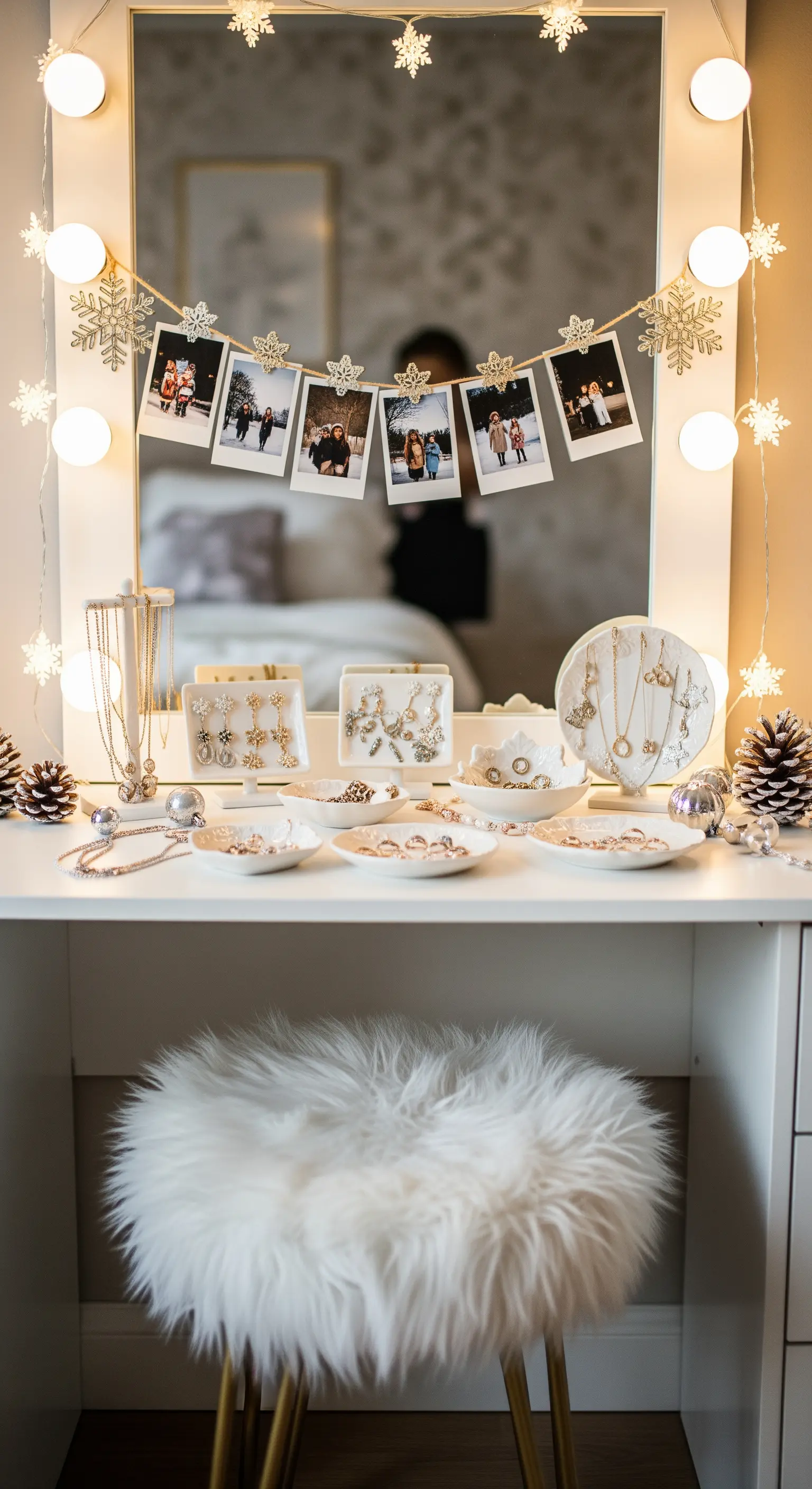 Schminktisch mit Fotos an einer Schnur und Lichtern