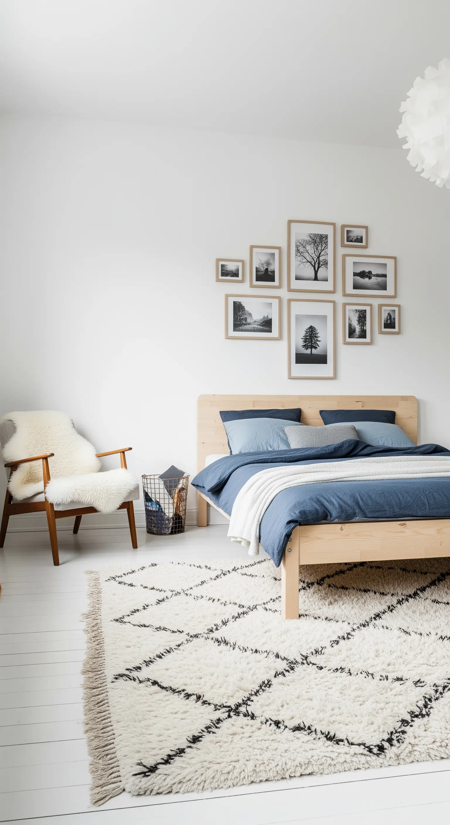 Schlafzimmer mit blauer Bettwäsche und Schwarz-Weiß Bilderwand