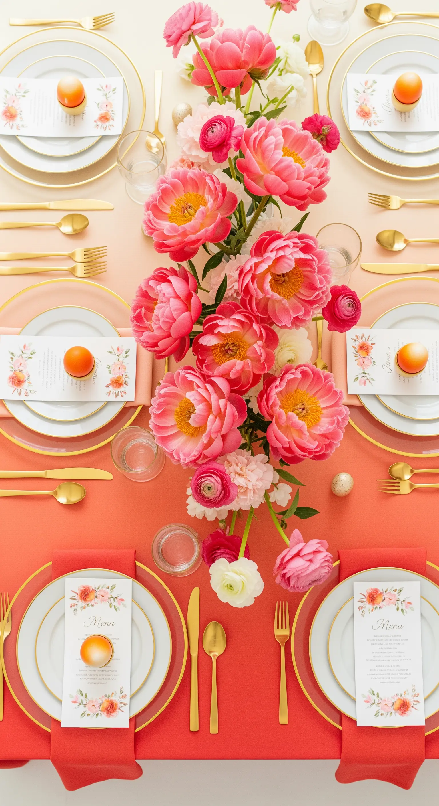 Üppiges Pfingstrosen-Arrangement in Koralle und Pink