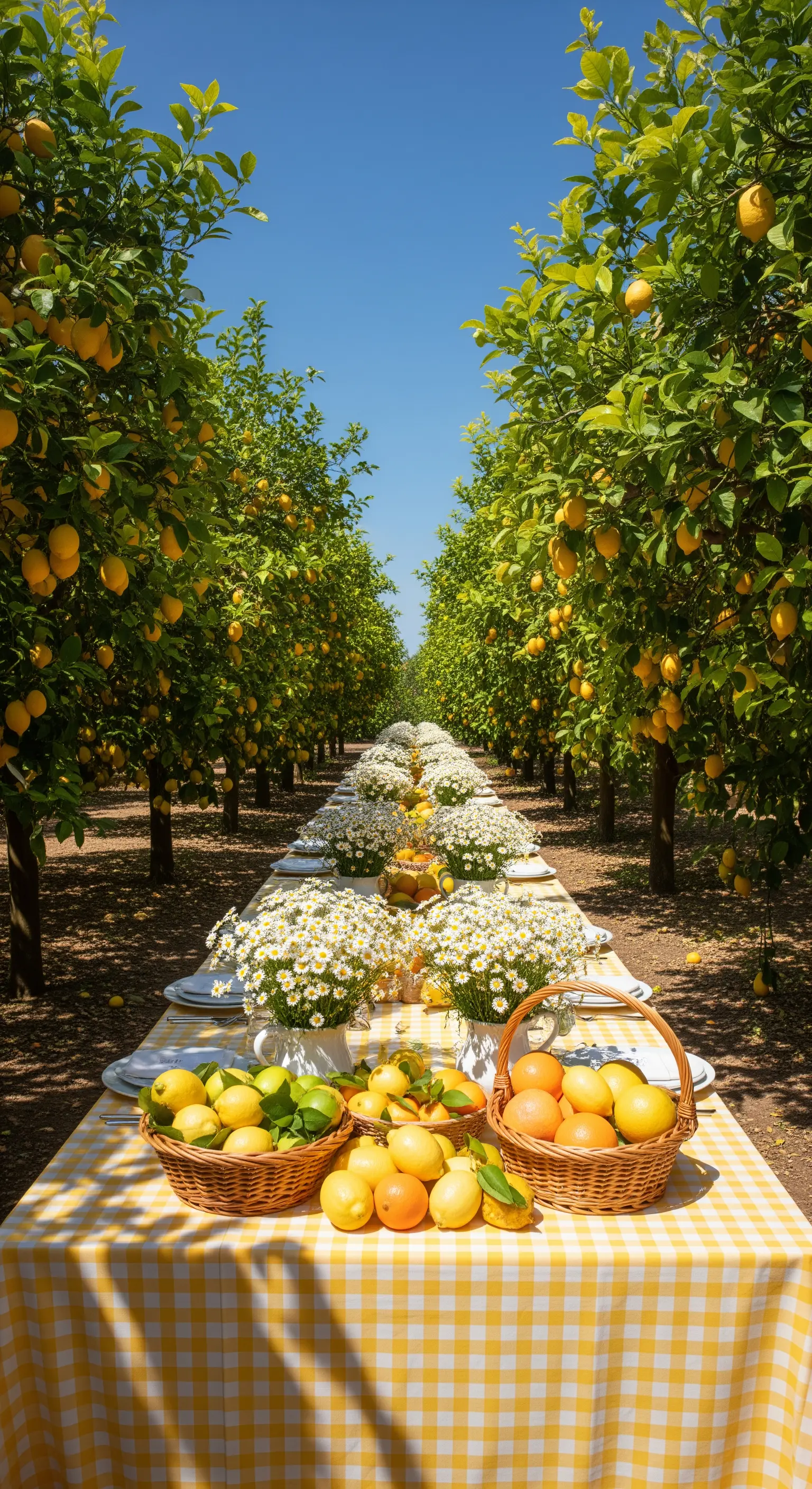 Lange Tafel mit gelb-karierter Tischdecke und Margeriten zwischen Bäumen