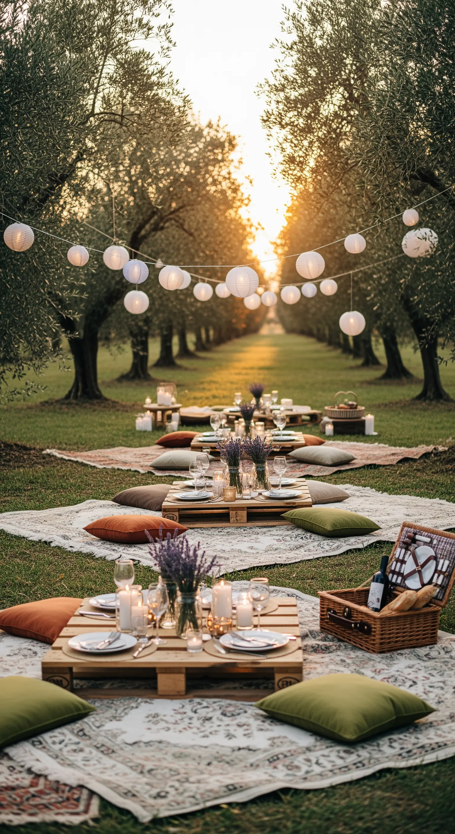 Gartenpicknick mit Palettentischen, Teppichen, Kissen und hängenden Papierlampions