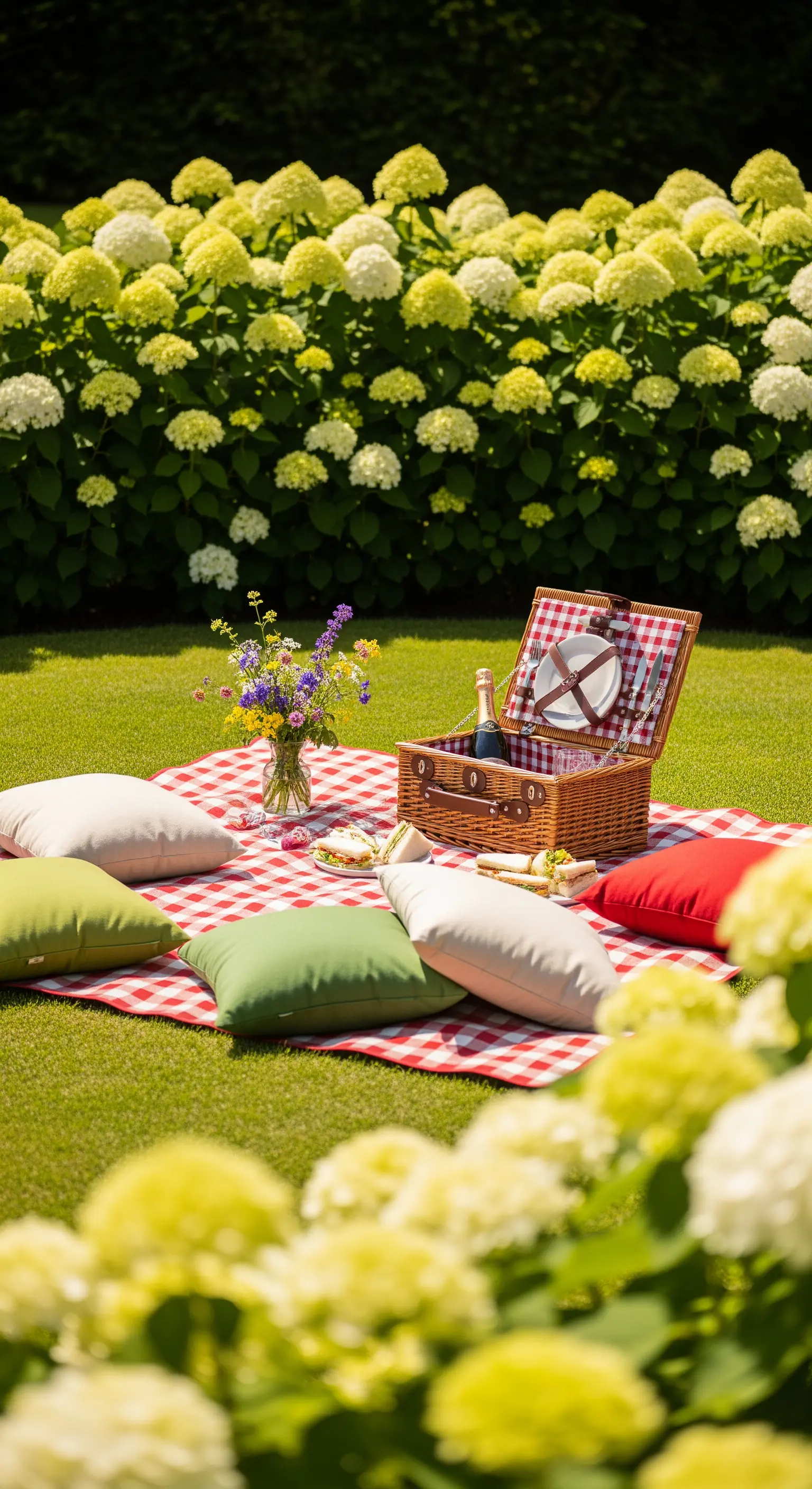 Picknickdecke und Korb auf Rasen vor Hortensienwand