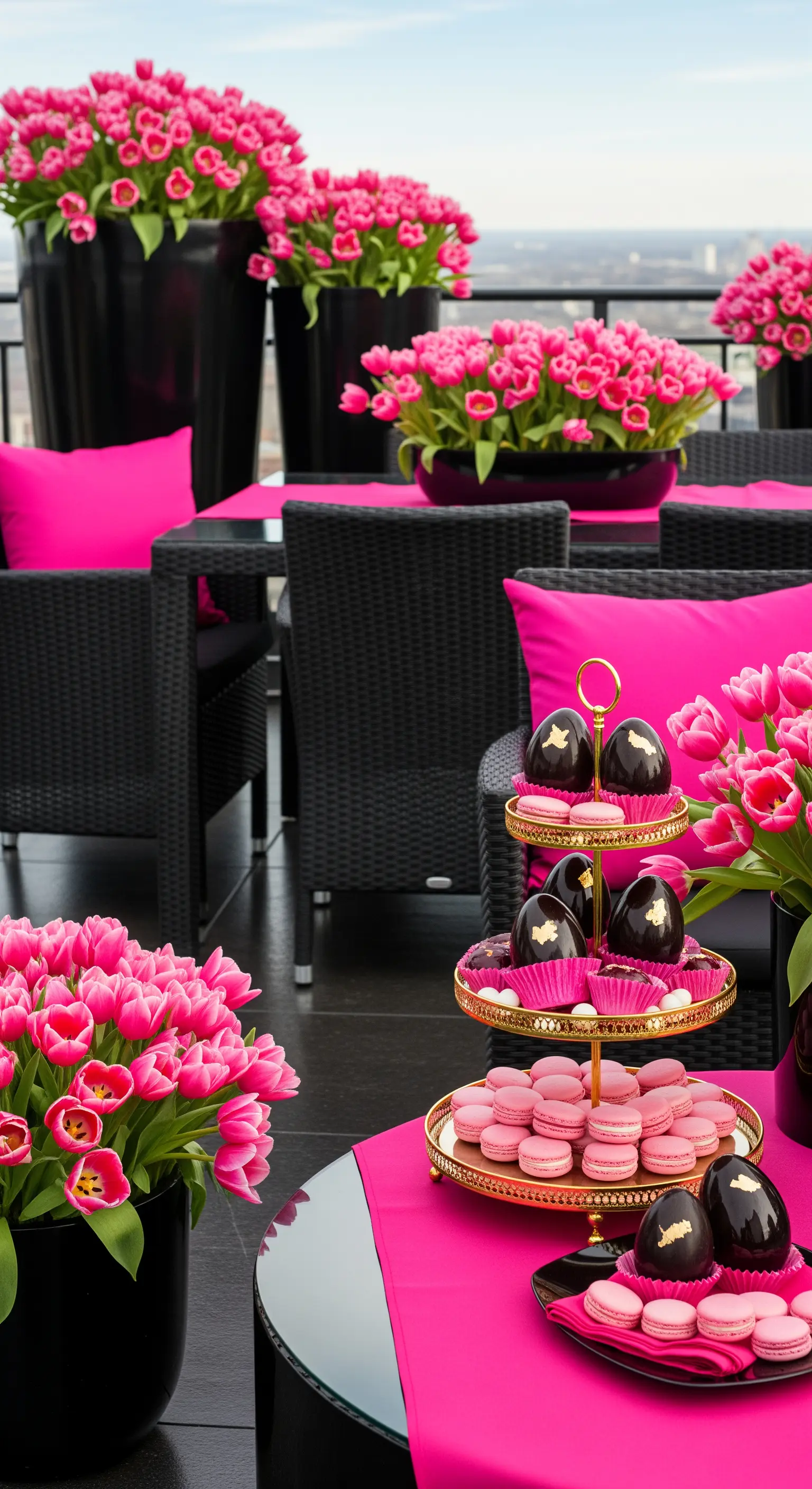 Schwarze Möbel mit pinken Kissen und Blumenmeer