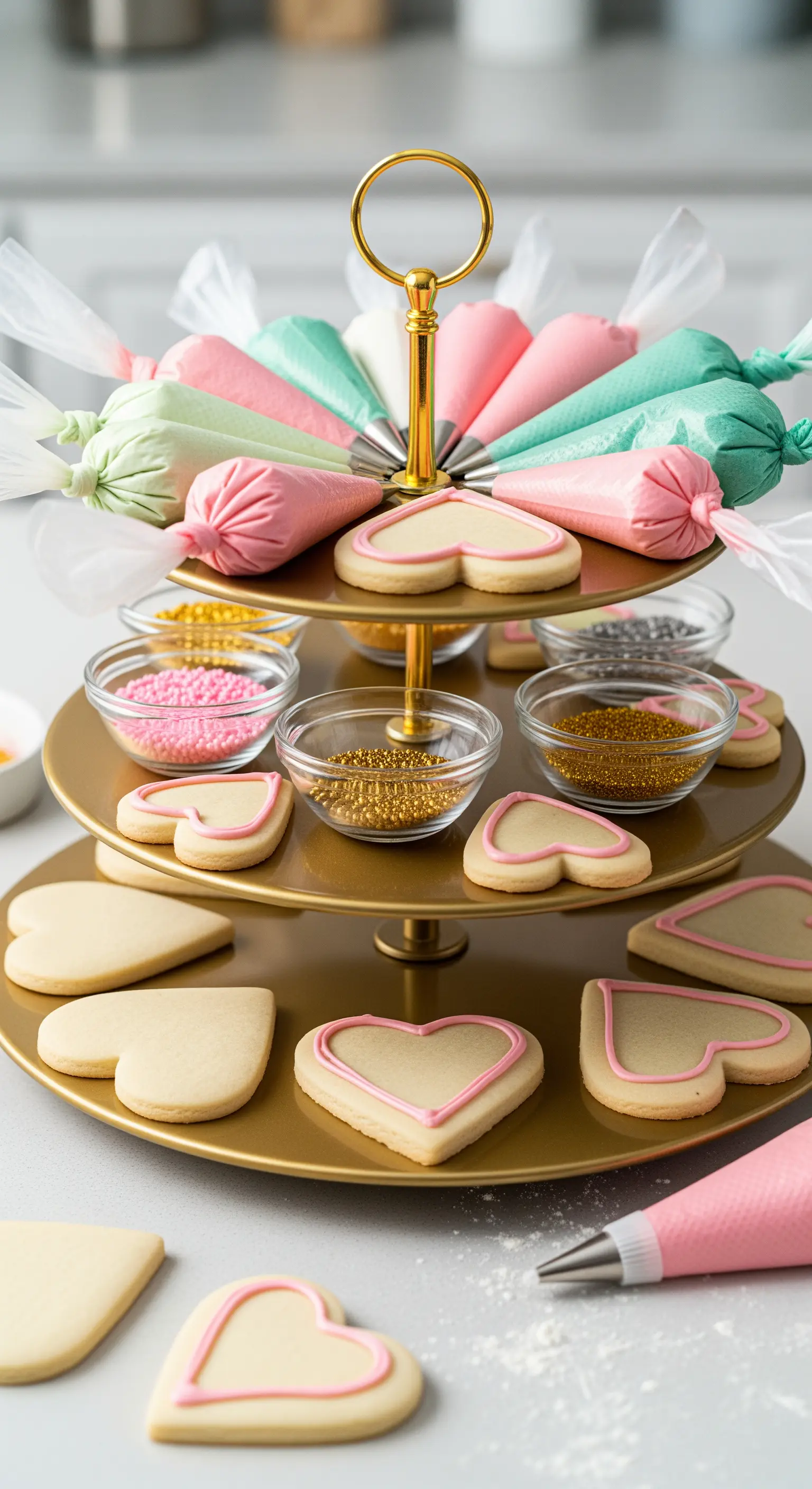 Etagere mit Spritzbeuteln und Herzkeksen zum Verzieren