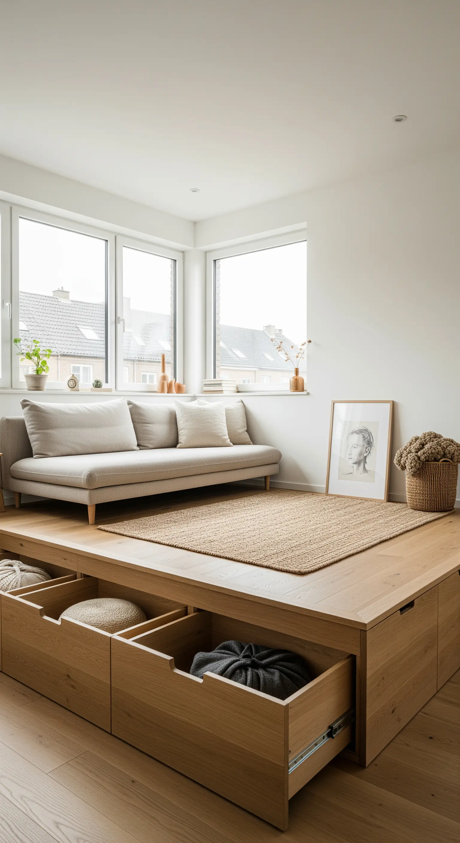 Holzpodest mit integrierten Schubladen als Bettbasis