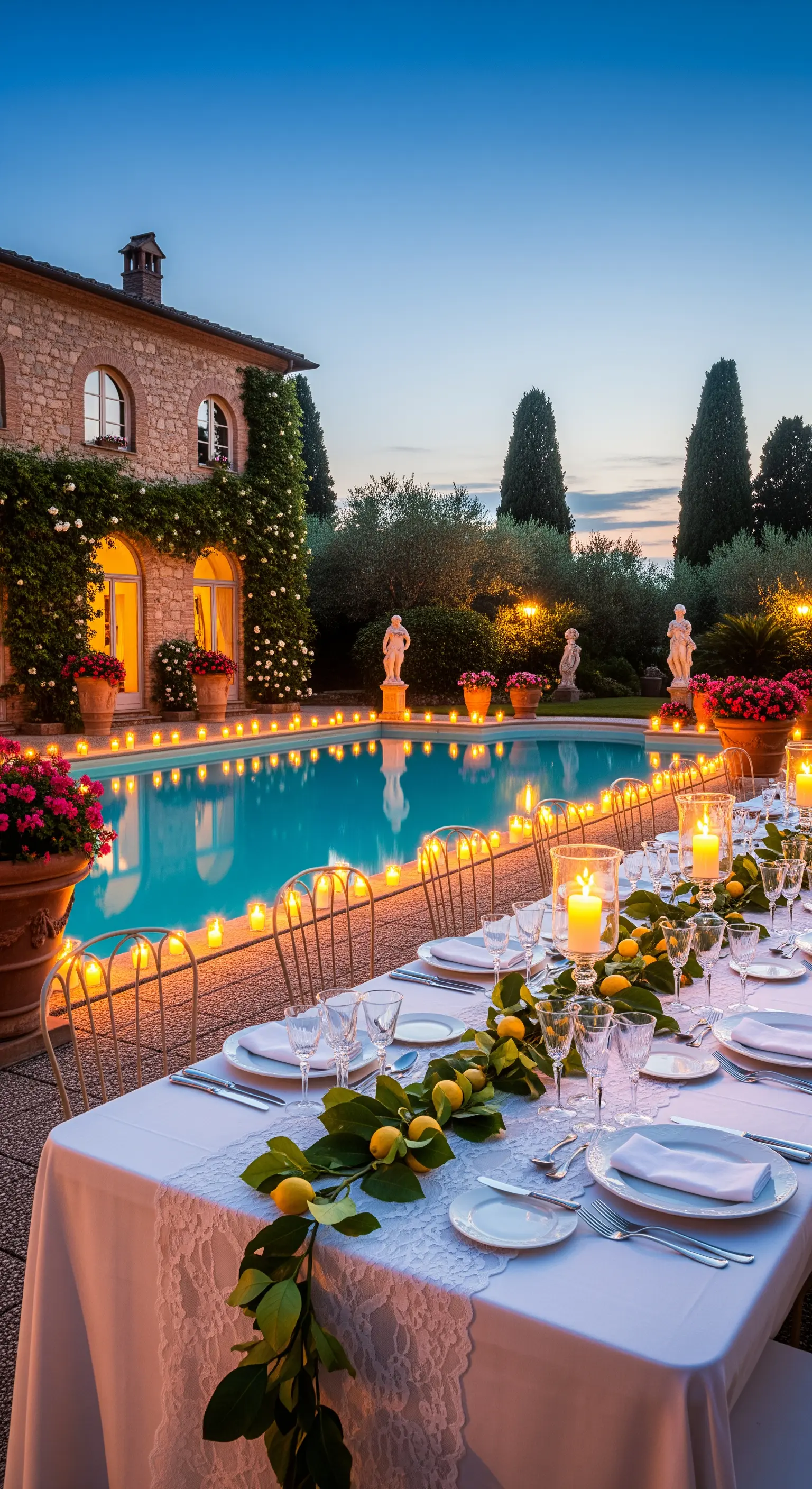 Lange Tafel am Pool mit schwimmenden Lichtern im Wasser